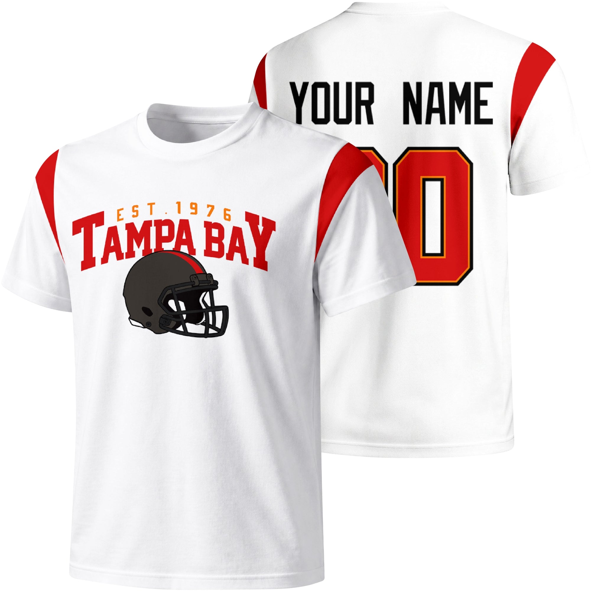 Tampa Bay personalized varsity football T shirt in White showing front helmet design and back custom name and number