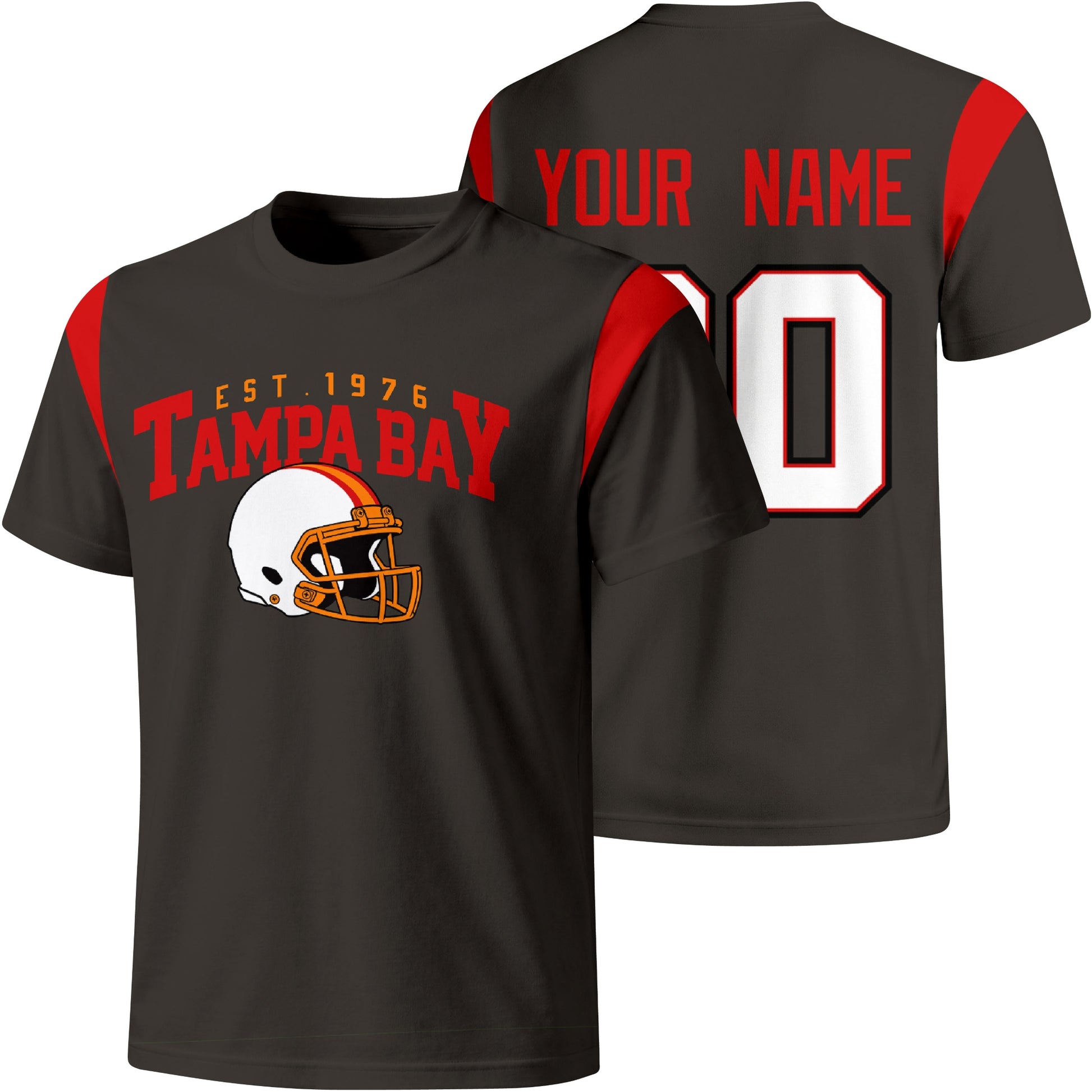 Tampa Bay personalized varsity football T shirt in Black showing front helmet design and back custom name and number