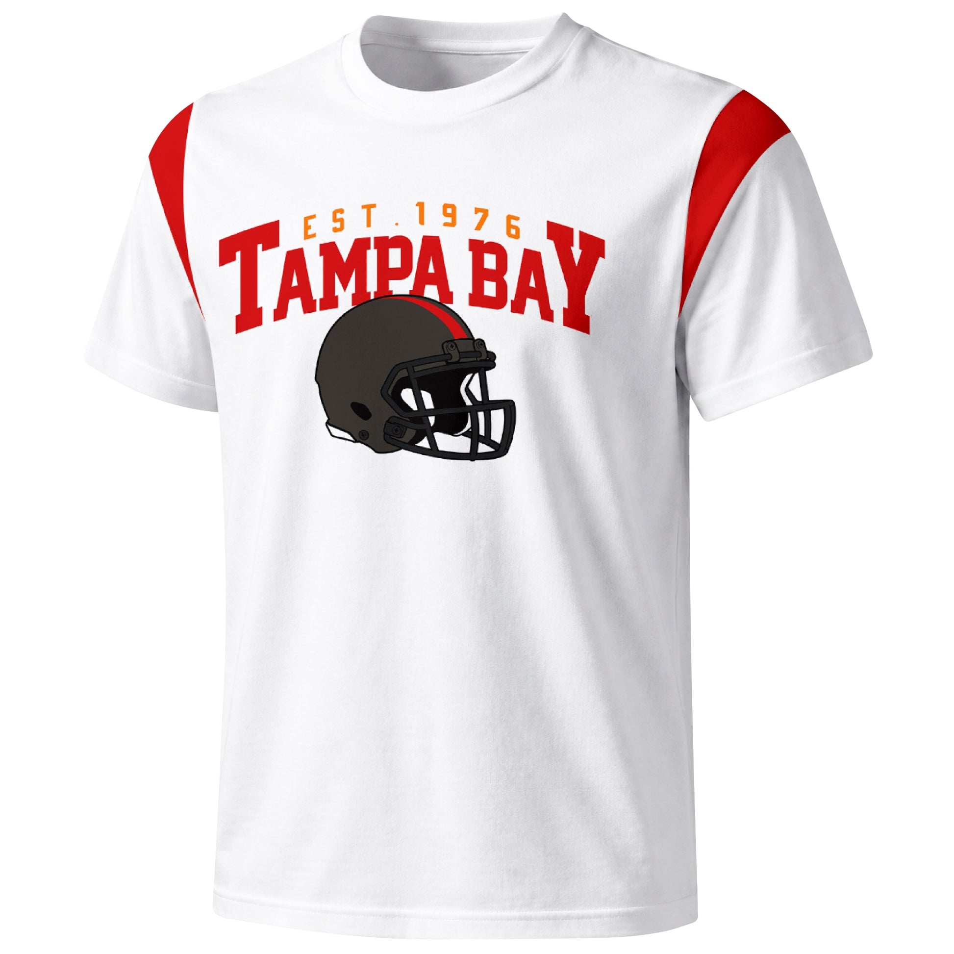 Tampa Bay varsity football T shirt in White showing the front city helmet design and contrast shoulder panels