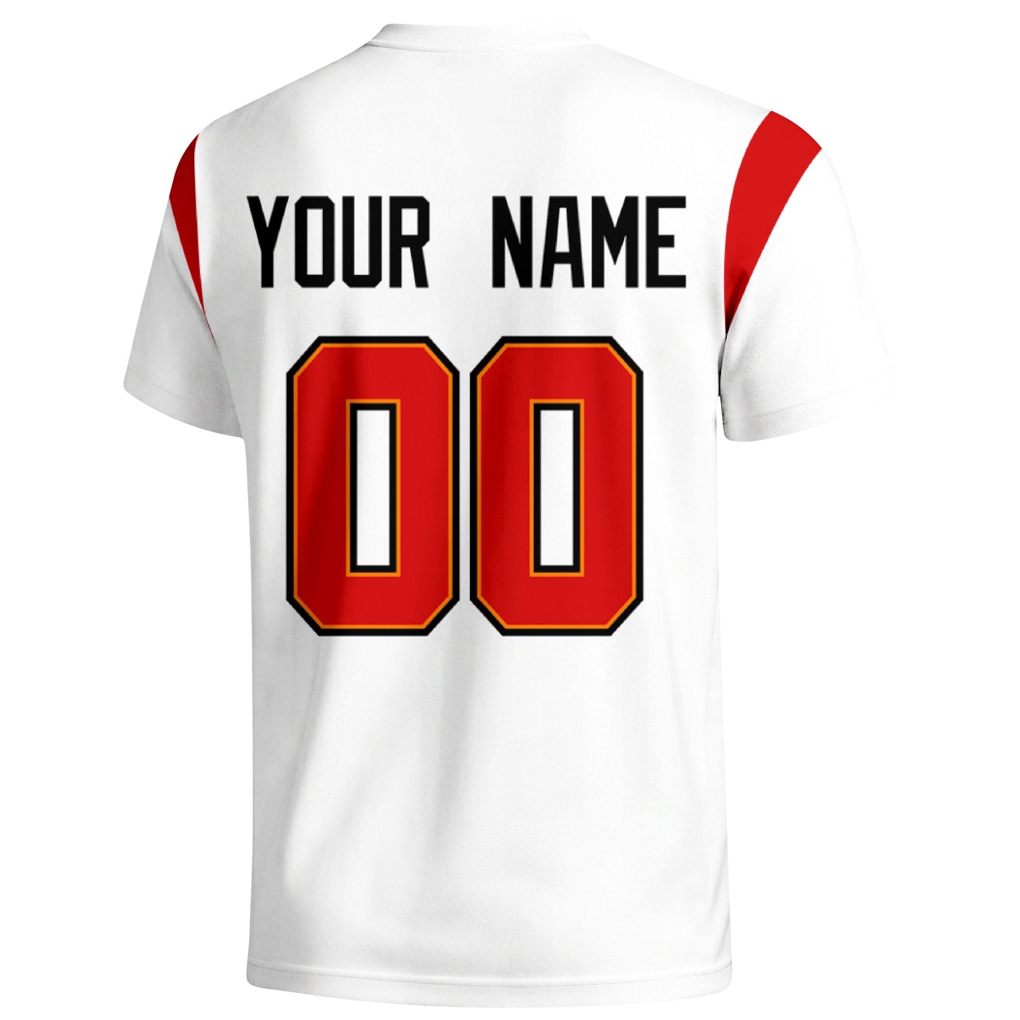 Tampa Bay personalized varsity football T shirt in White showing the back custom name and number