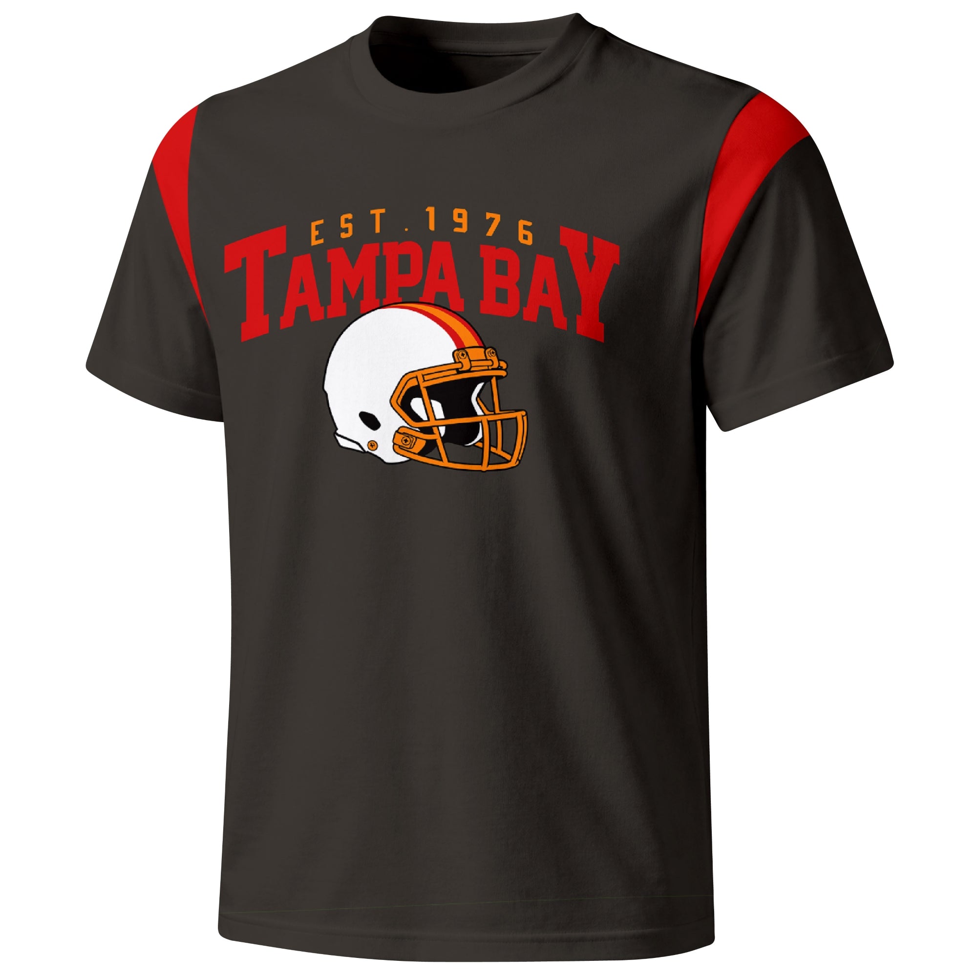 Tampa Bay varsity football T shirt in Black showing the front city helmet design and contrast shoulder panels