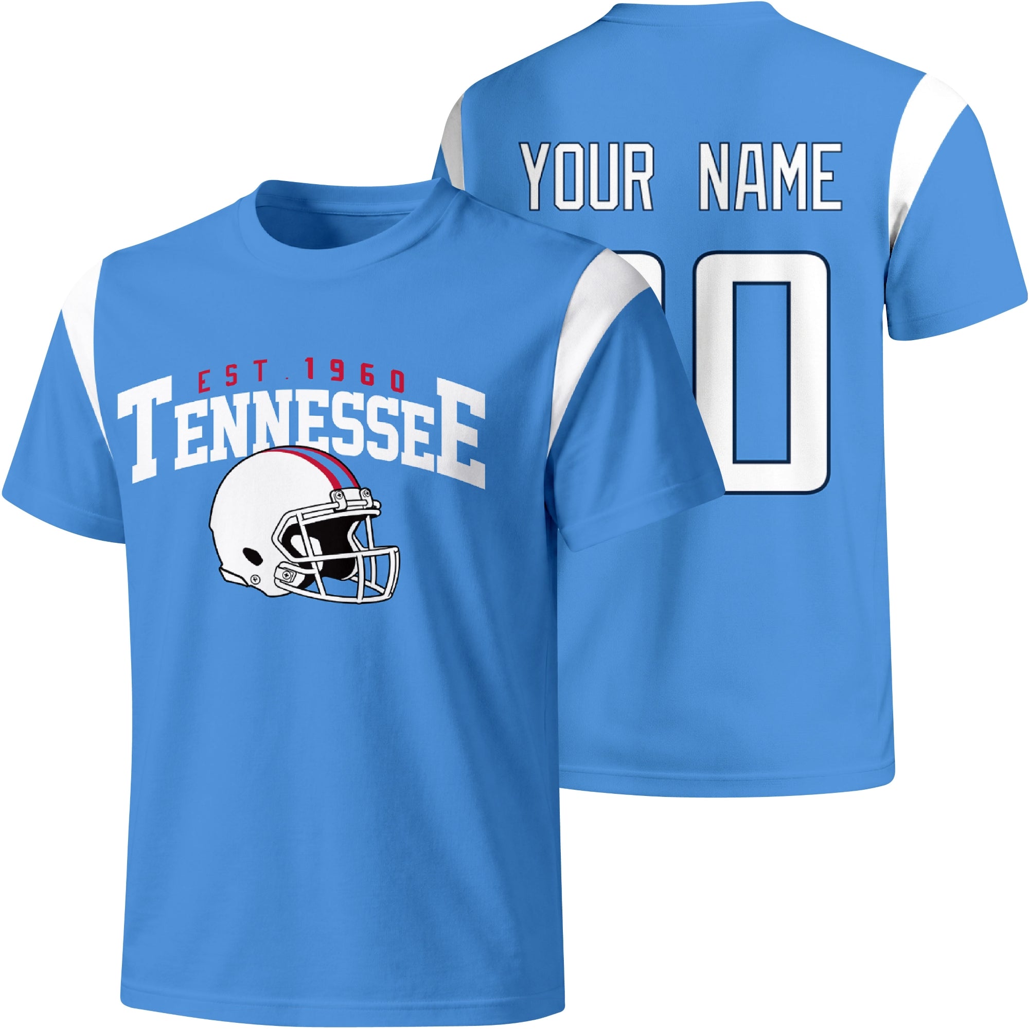 Tennessee personalized varsity football T shirt in Navy showing front helmet design and back custom name and number