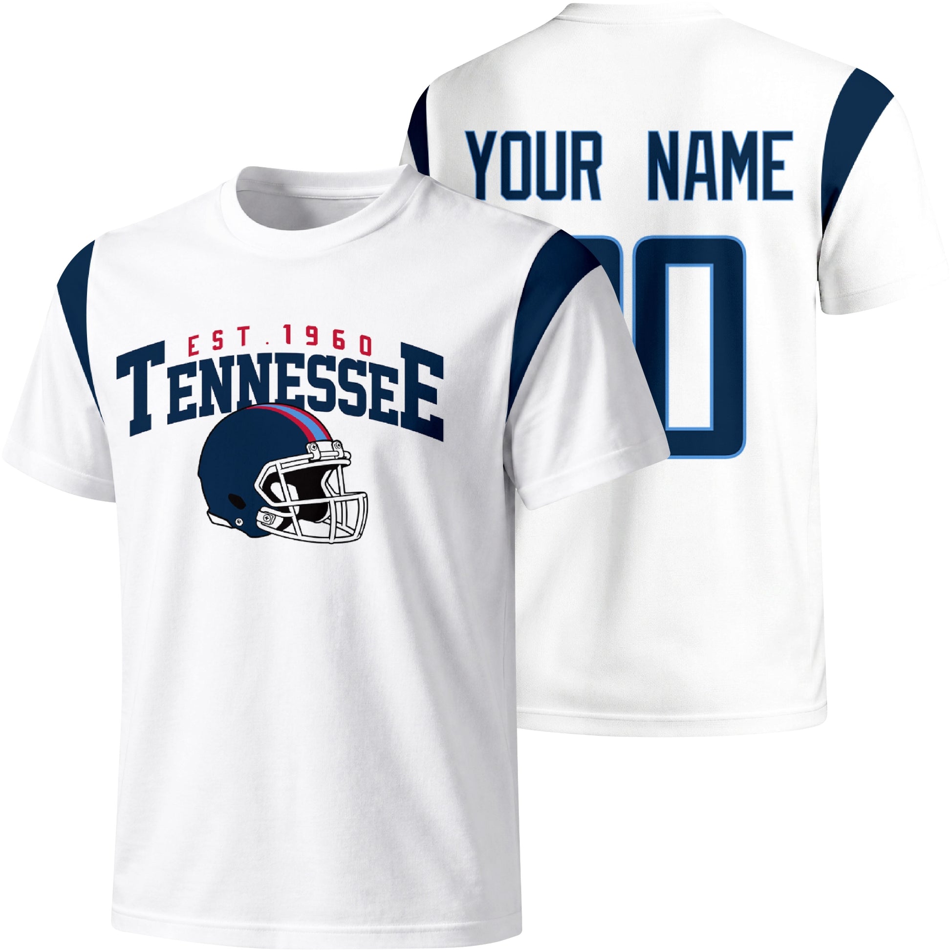 Tennessee personalized varsity football T shirt in White showing front helmet design and back custom name and number