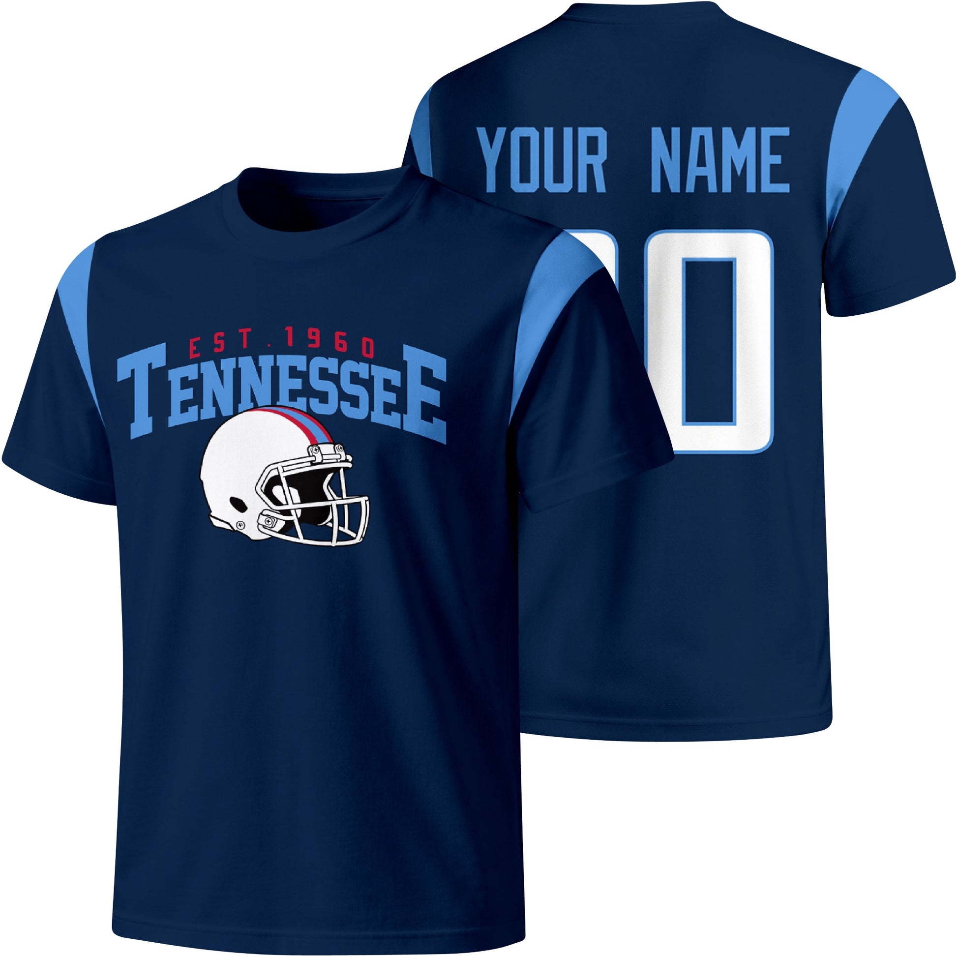 Tennessee personalized varsity football T shirt in Light Blue showing front helmet design and back custom name and number