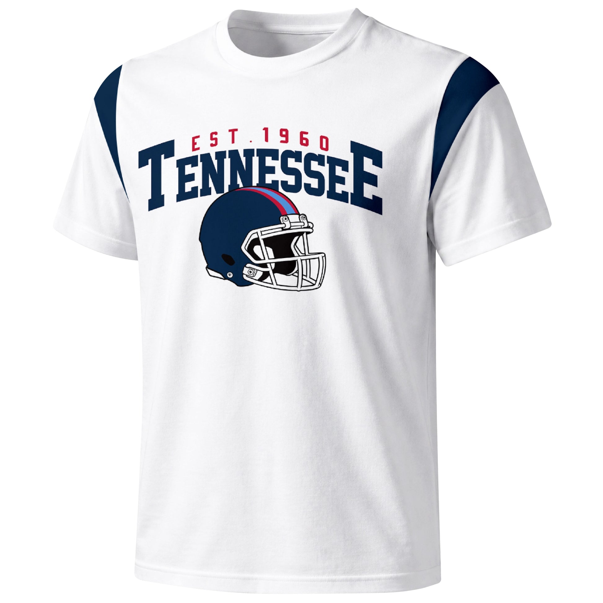 Tennessee varsity football T shirt in White showing the front city helmet design and contrast shoulder panels