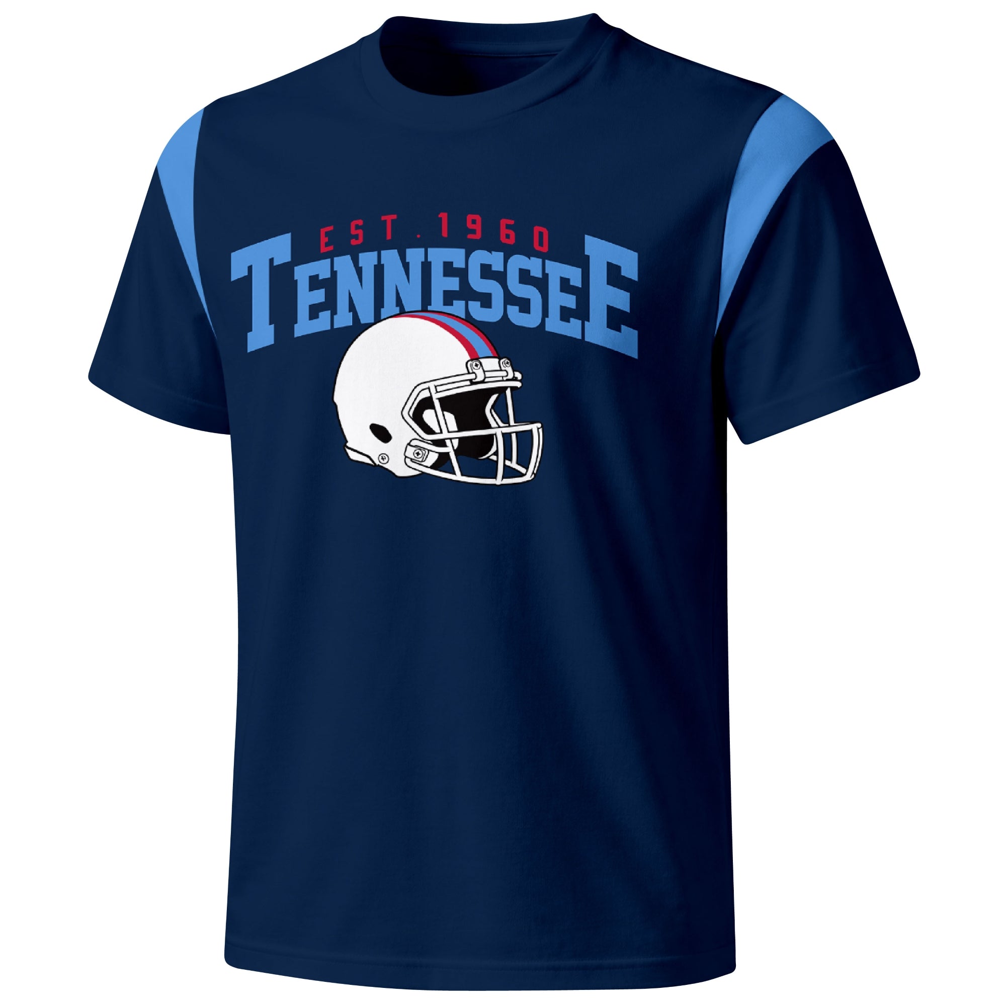 Tennessee varsity football T shirt in Light Blue showing the front city helmet design and contrast shoulder panels