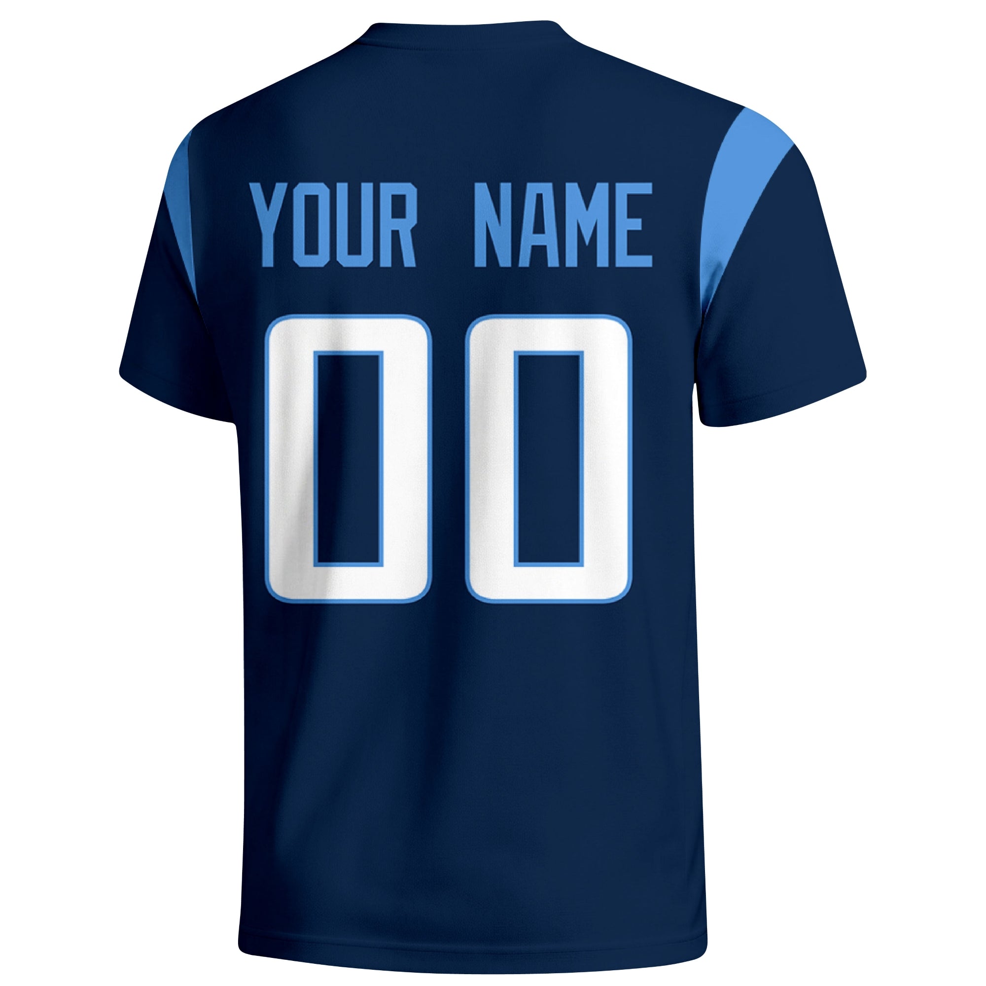 Tennessee personalized varsity football T shirt in Light Blue showing the back custom name and number