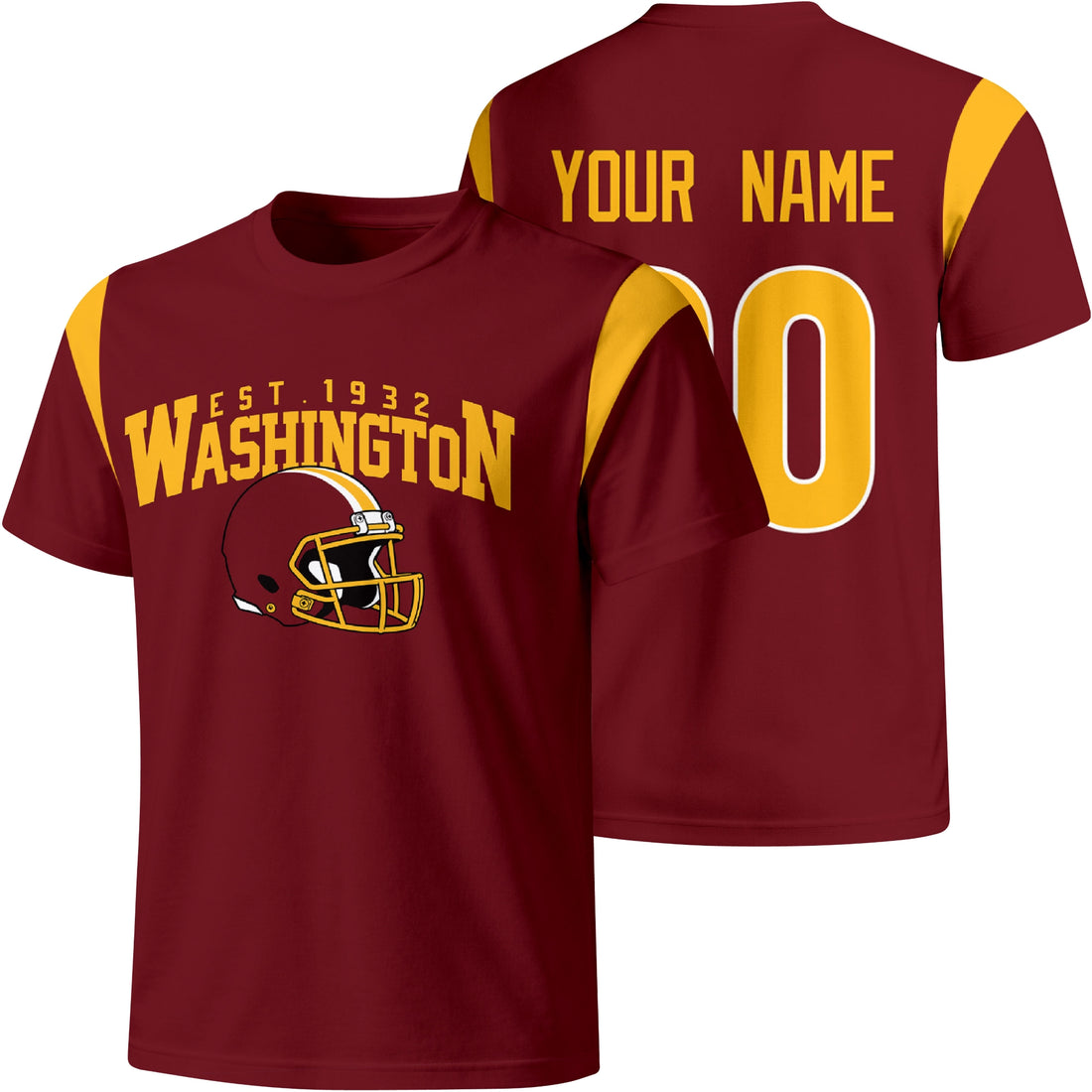 Washington personalized varsity football T shirt in Burgundy showing front helmet design and back custom name and number