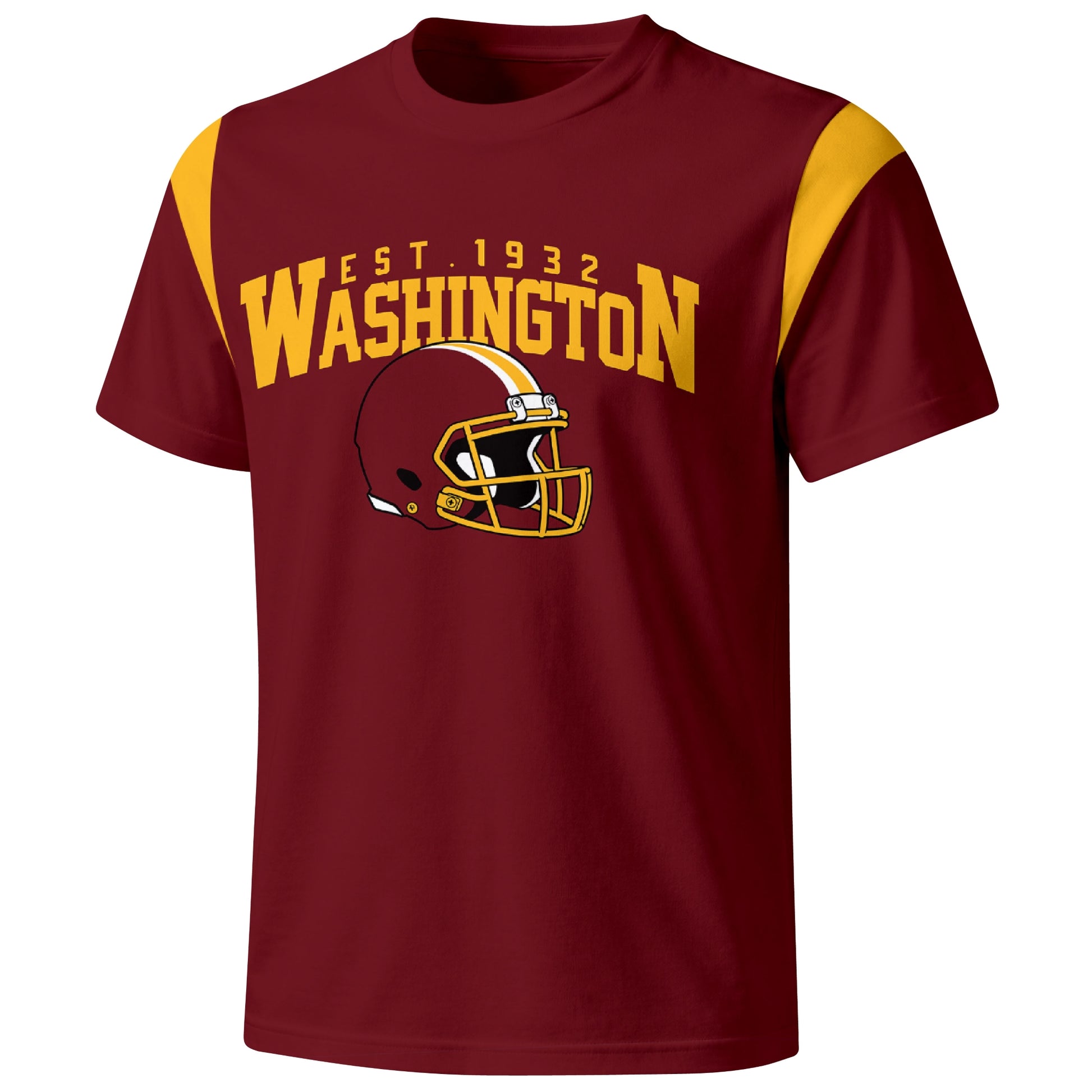 Washington varsity football T shirt in Burgundy showing the front city helmet design and contrast shoulder panels