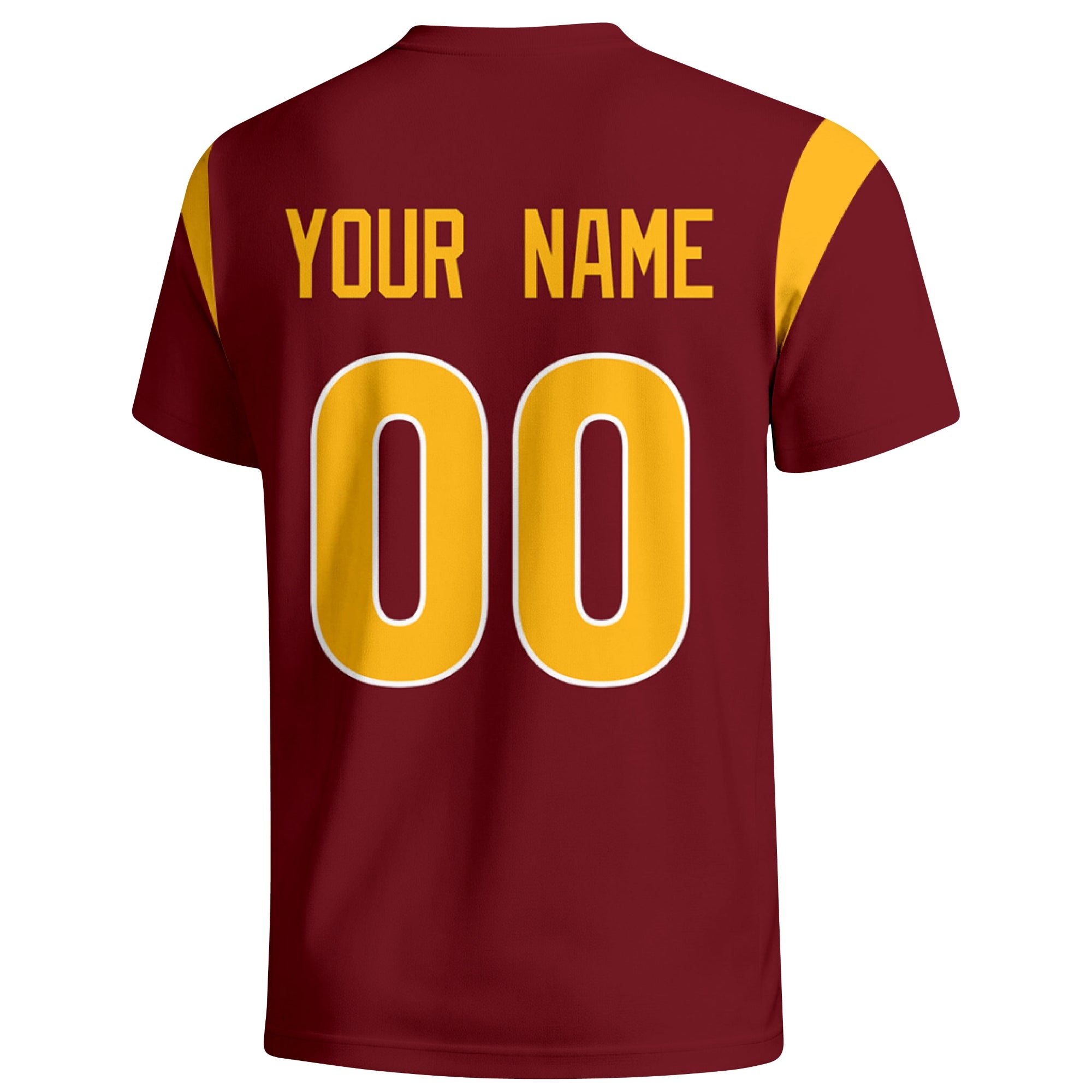 Washington personalized varsity football T shirt in Burgundy showing the back custom name and number