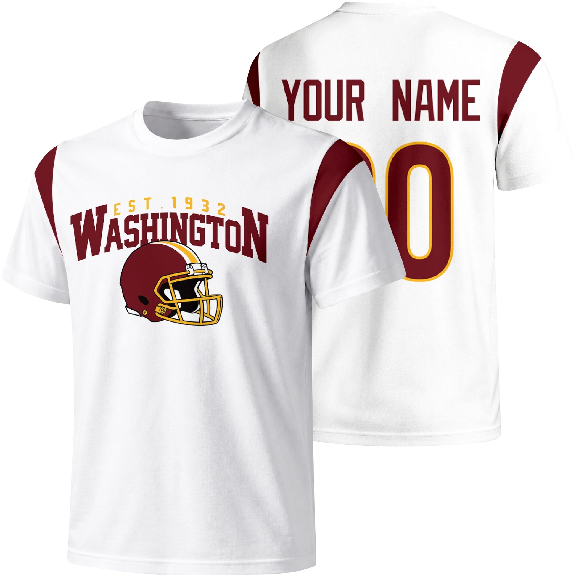 Washington personalized varsity football T shirt in White showing front helmet design and back custom name and number
