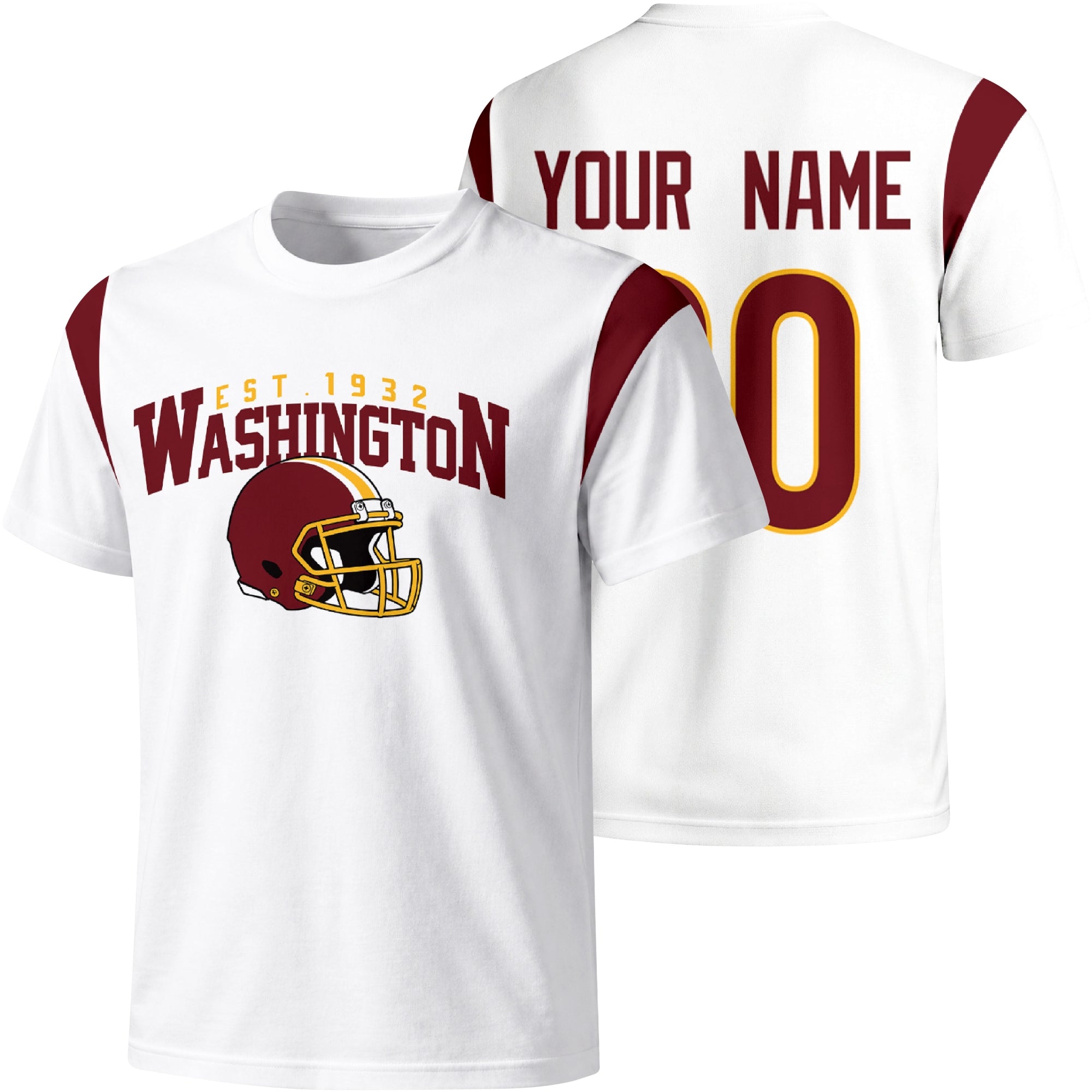 Washington personalized varsity football T shirt in White showing front helmet design and back custom name and number