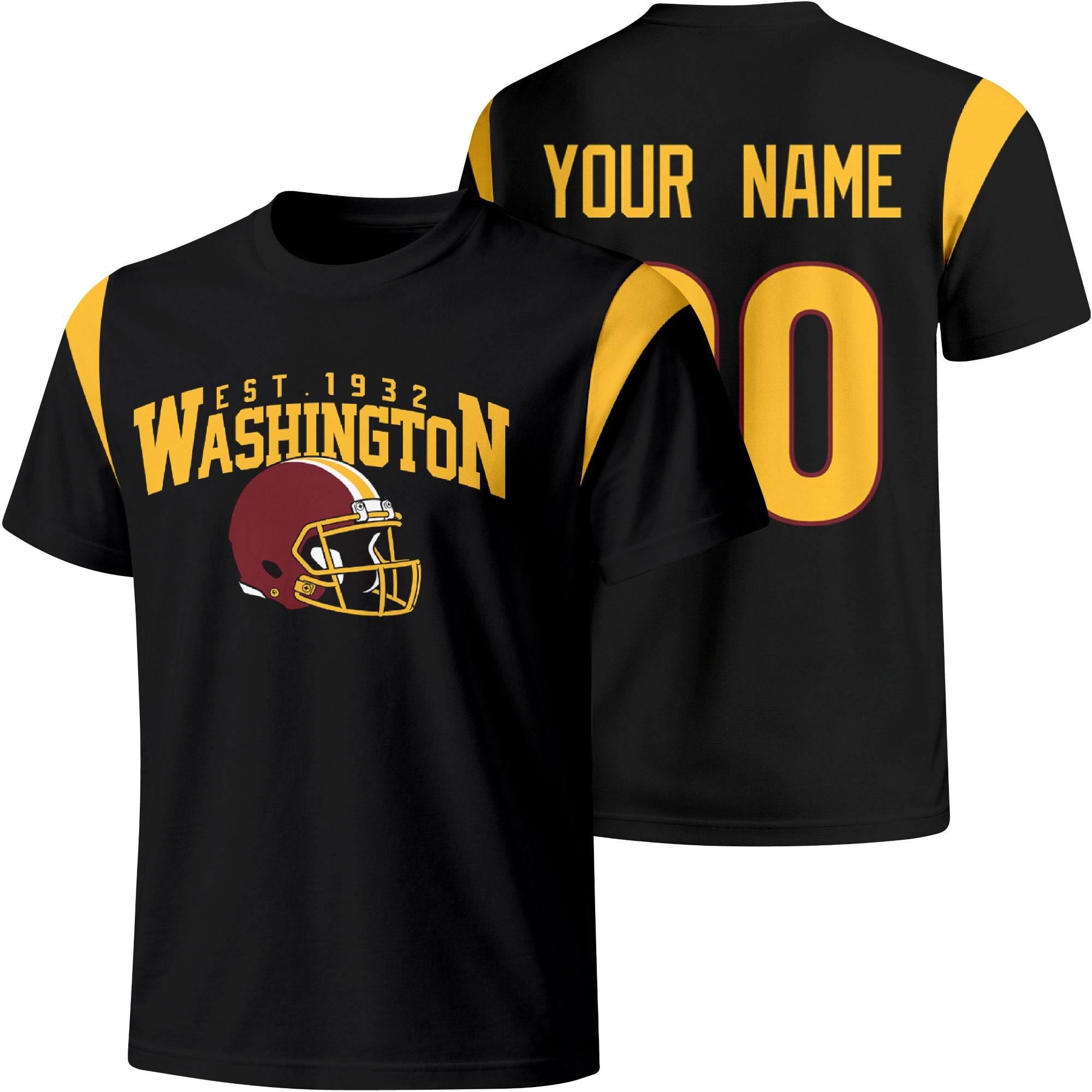 Washington personalized varsity football T shirt in Black showing front helmet design and back custom name and number