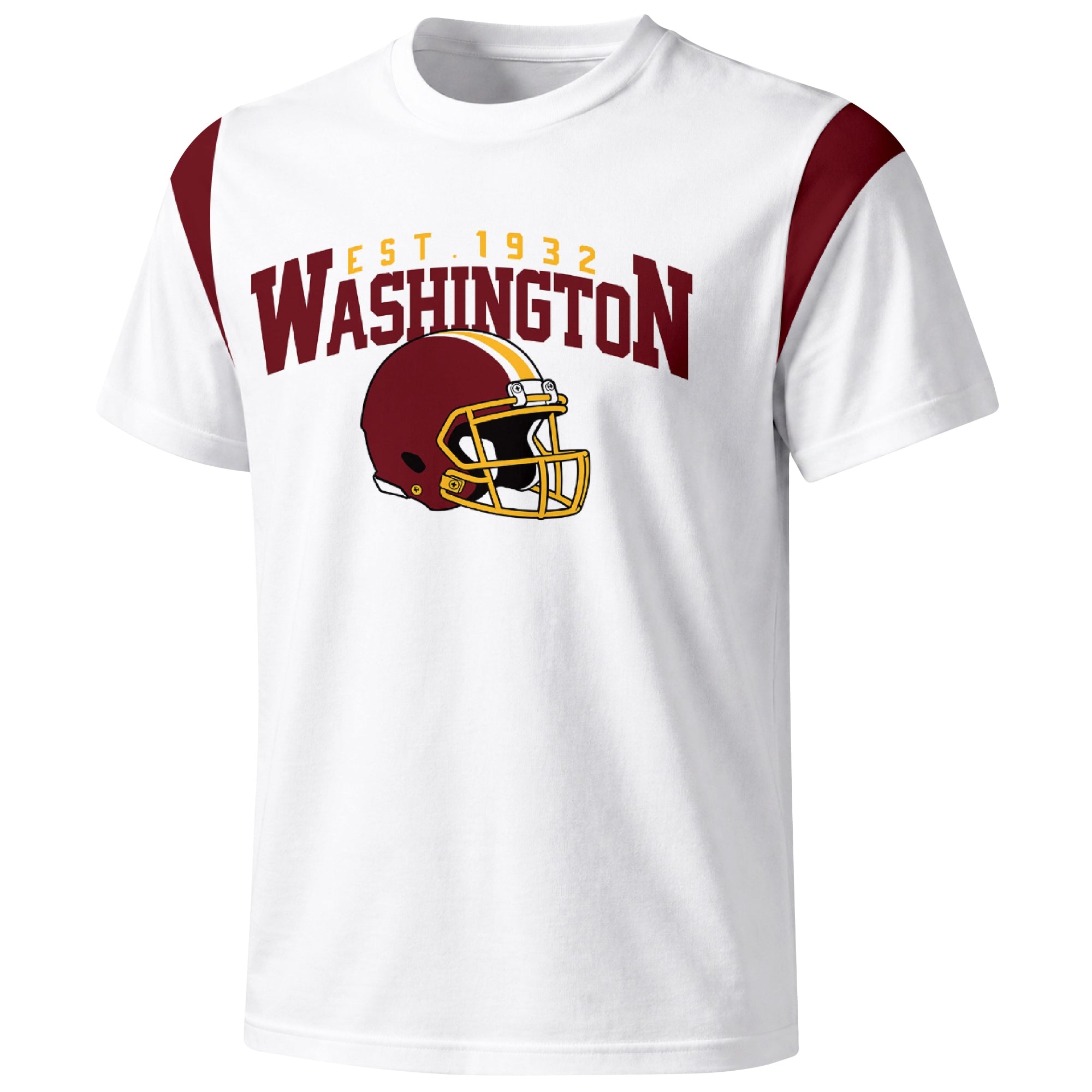 Washington varsity football T shirt in White showing the front city helmet design and contrast shoulder panels