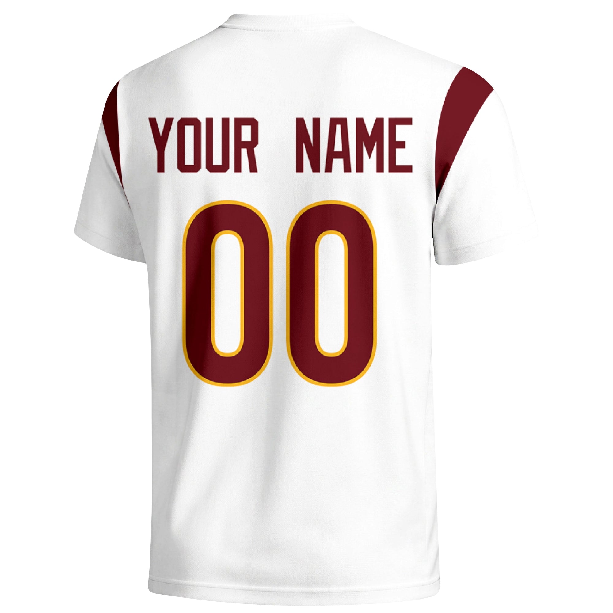 Washington personalized varsity football T shirt in White showing the back custom name and number