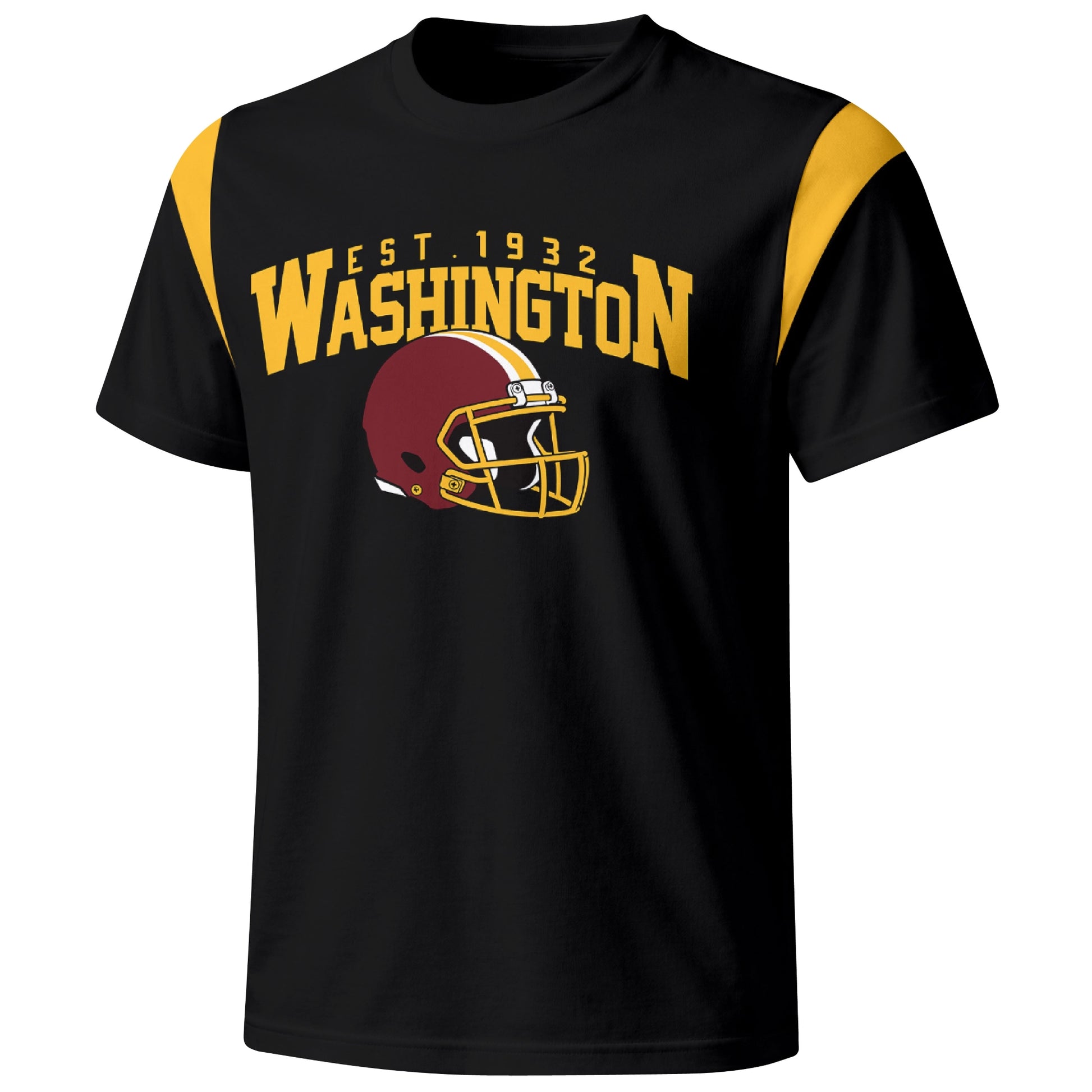 Washington varsity football T shirt in Black showing the front city helmet design and contrast shoulder panels