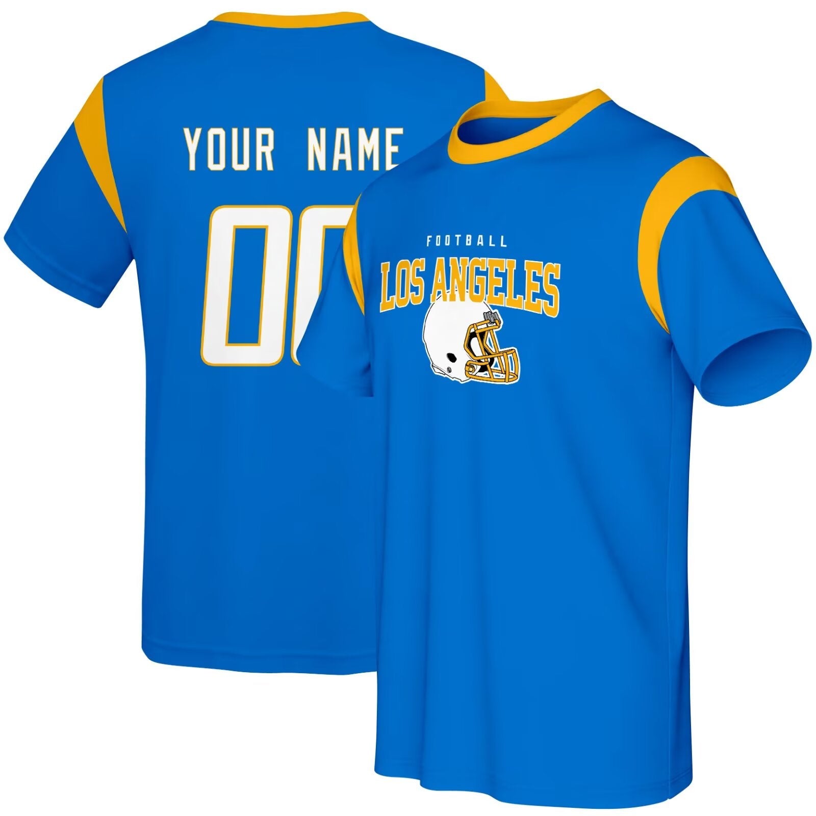 Los Angeles football style T-shirt front and back view with custom name and number design