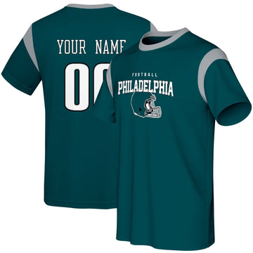Philadelphia football style T-shirt front and back view with custom name and number design