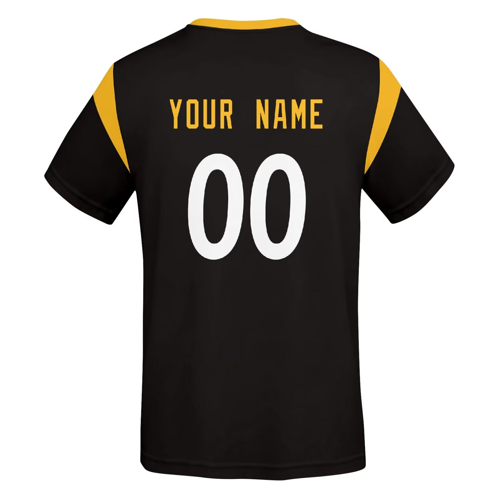 Pittsburgh football style T-shirt back view with personalized name and number print