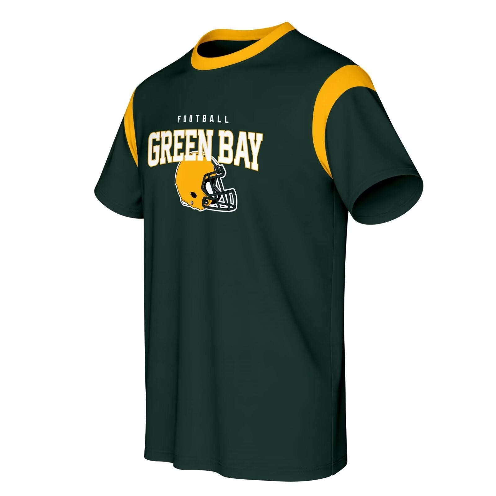 Green Bay football style T-shirt front view with crewneck short sleeve design