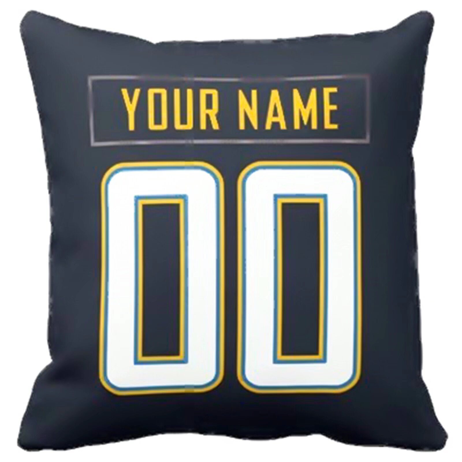 Los Angeles football-inspired throw pillow back view with custom name and large number