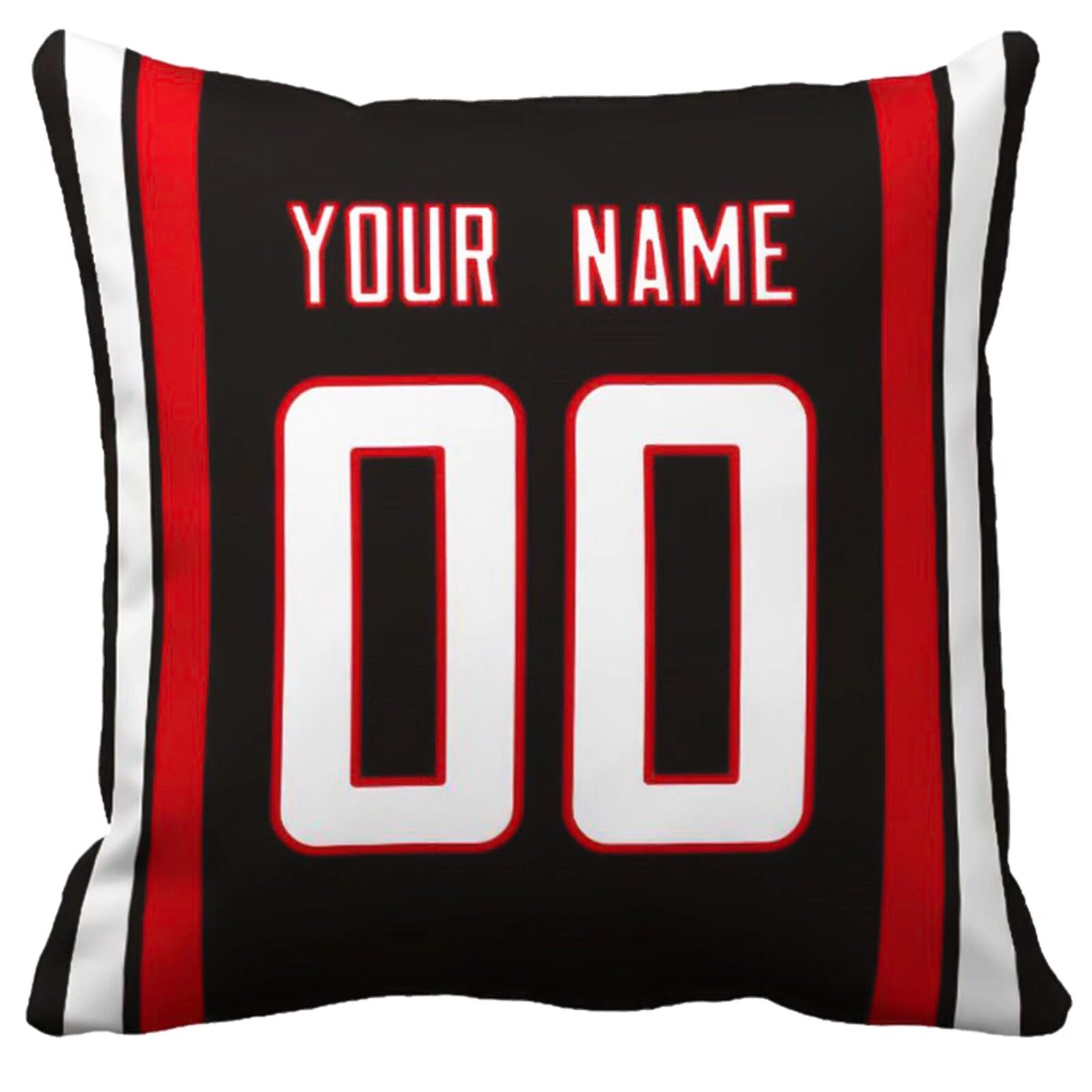Atlanta football-inspired throw pillow back view with custom name and large number