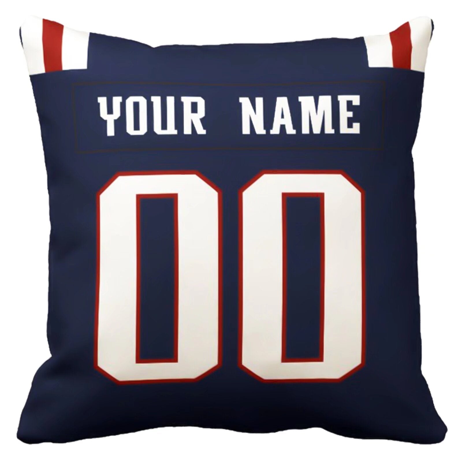 New England custom football throw pillow two-tone product view with name and number