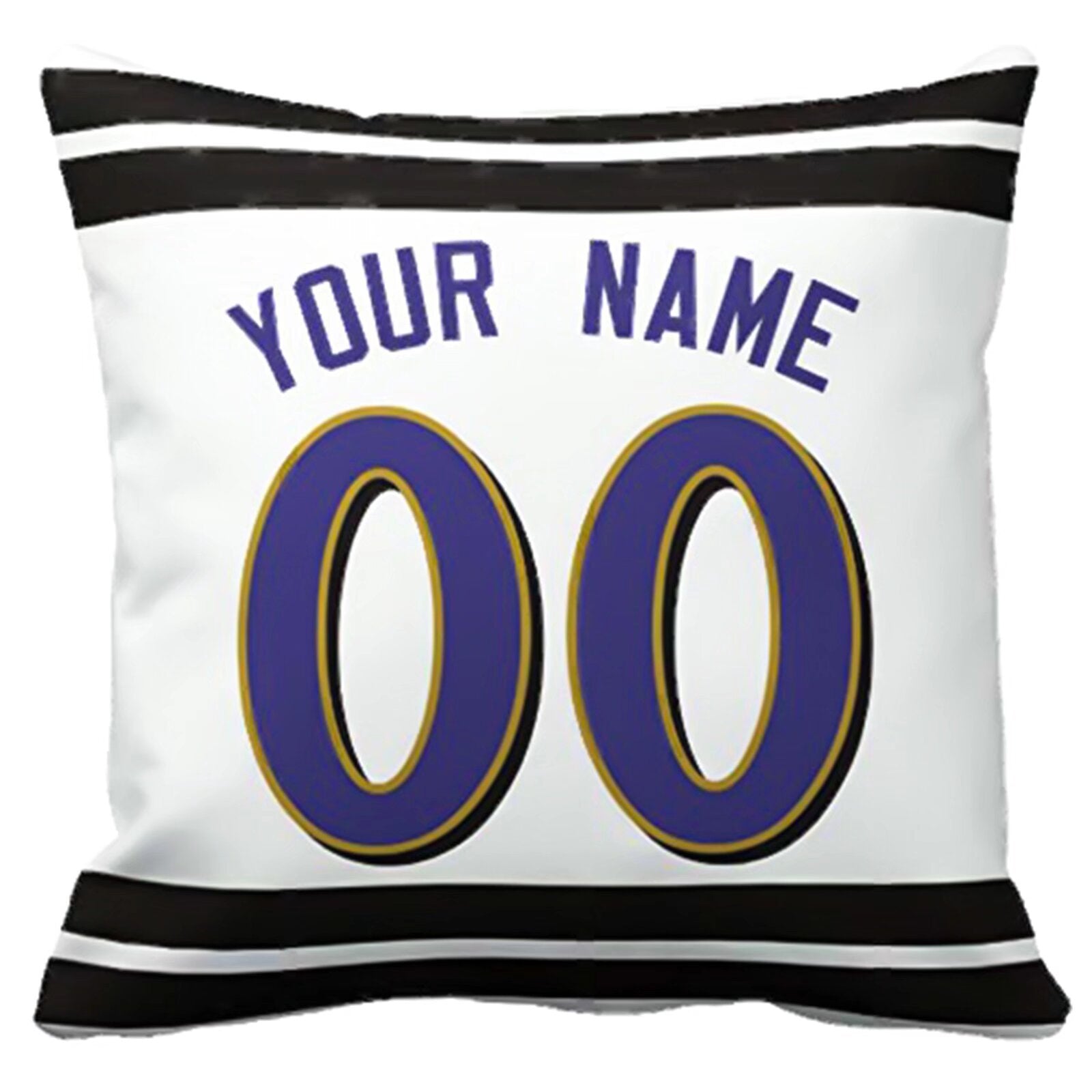 Baltimore football-inspired throw pillow back view with custom name and large number