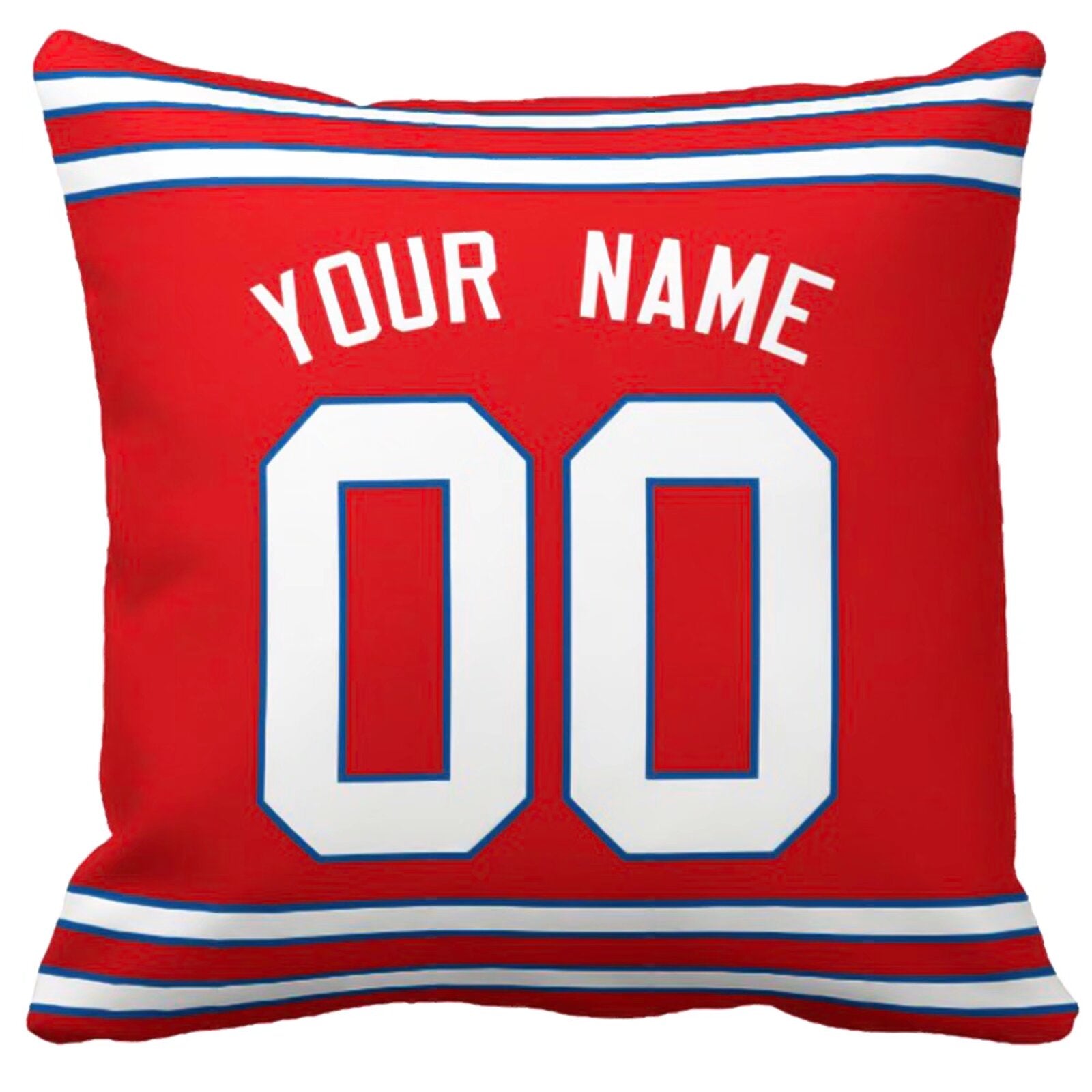 Buffalo football-inspired throw pillow back view with custom name and large number