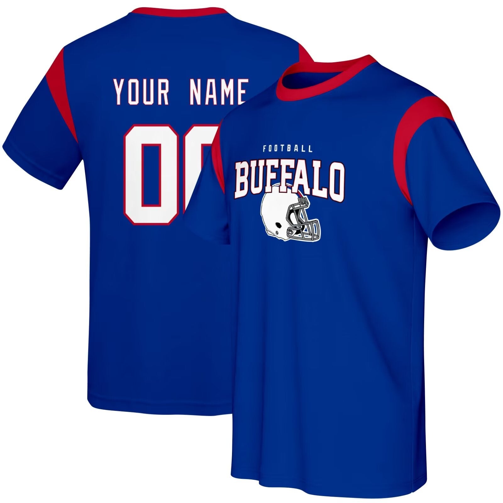 Buffalo football style T-shirt front and back view with custom name and number design