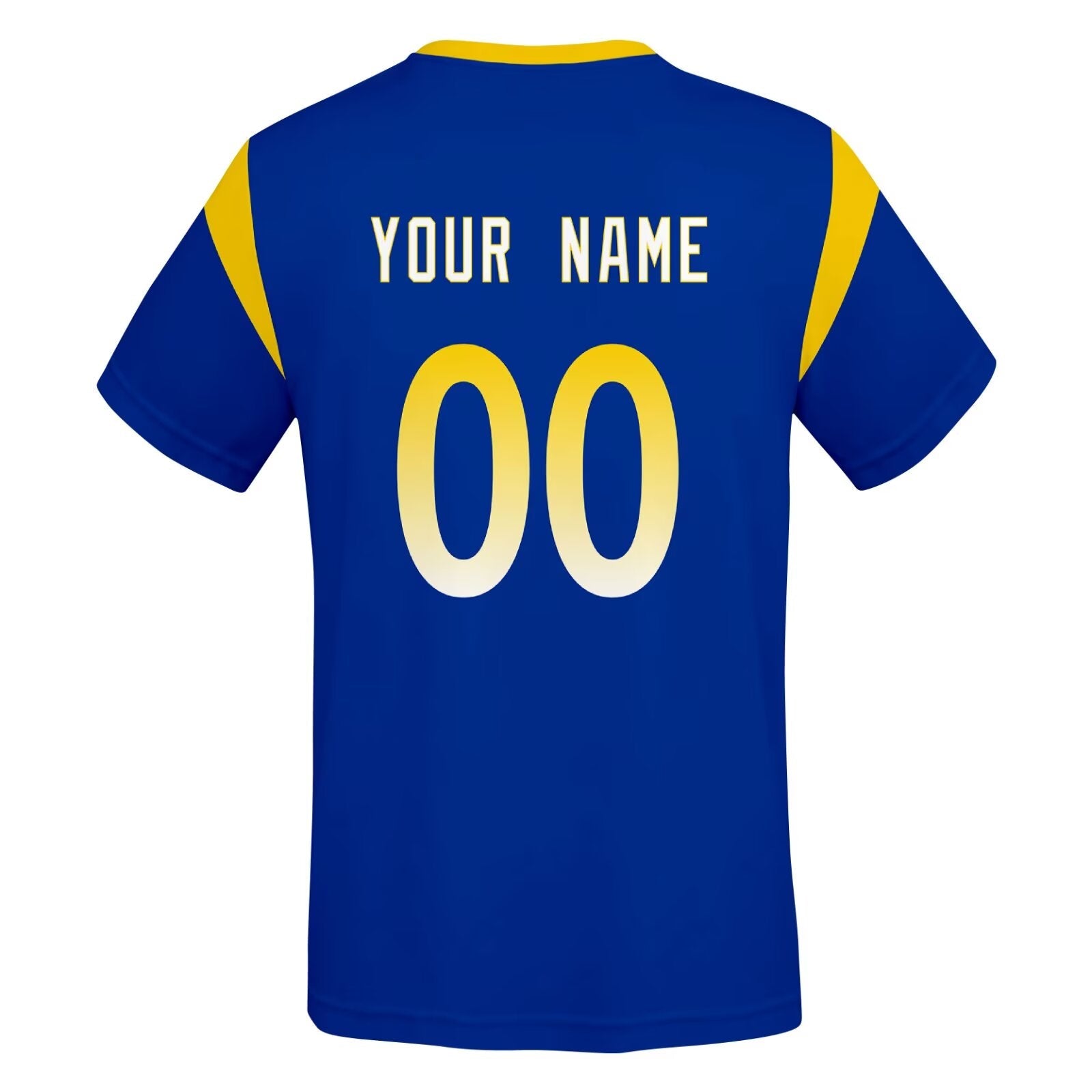 Los Angeles R football style T-shirt back view with personalized name and number print