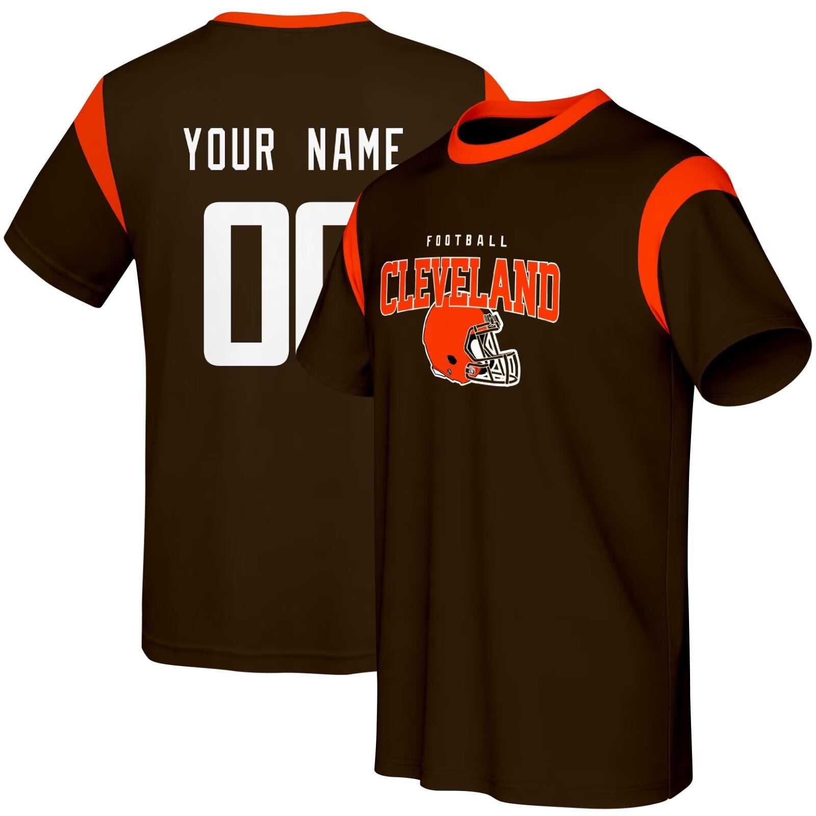 Cleveland football style T-shirt front and back view with custom name and number design