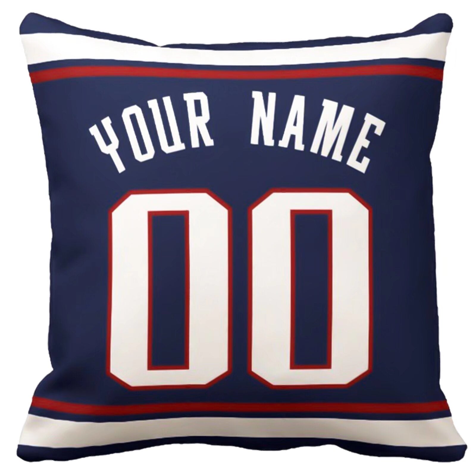 New England football-inspired throw pillow back view with custom name and large number