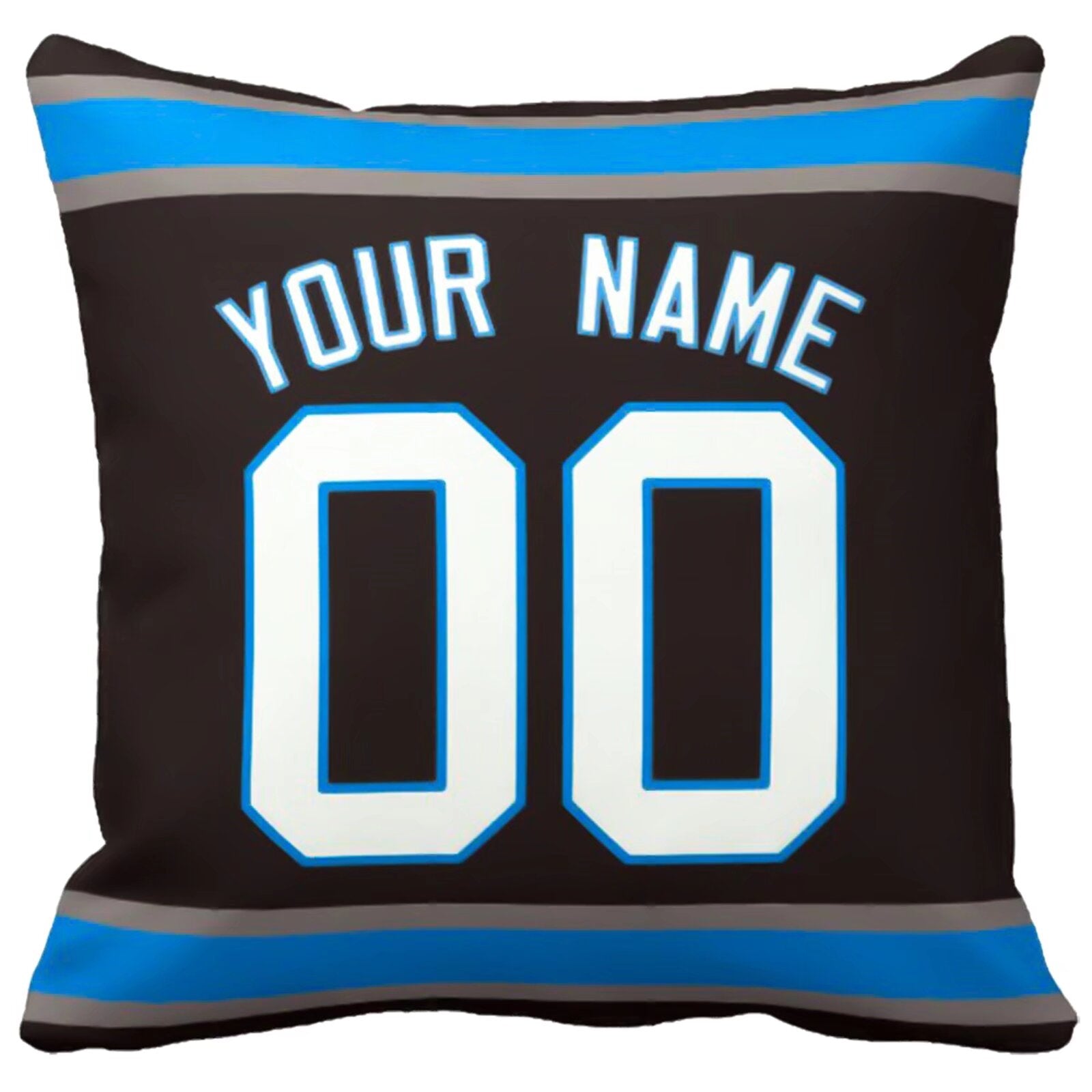 Carolina custom football throw pillow front view with personalized name and number artwork