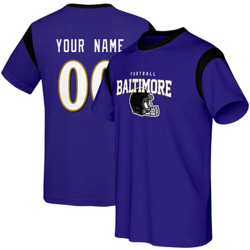 Baltimore football style T-shirt front and back view with custom name and number design