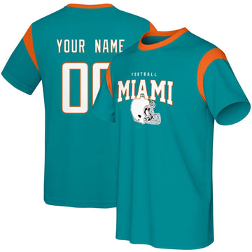 Miami football style T-shirt front and back view with custom name and number design