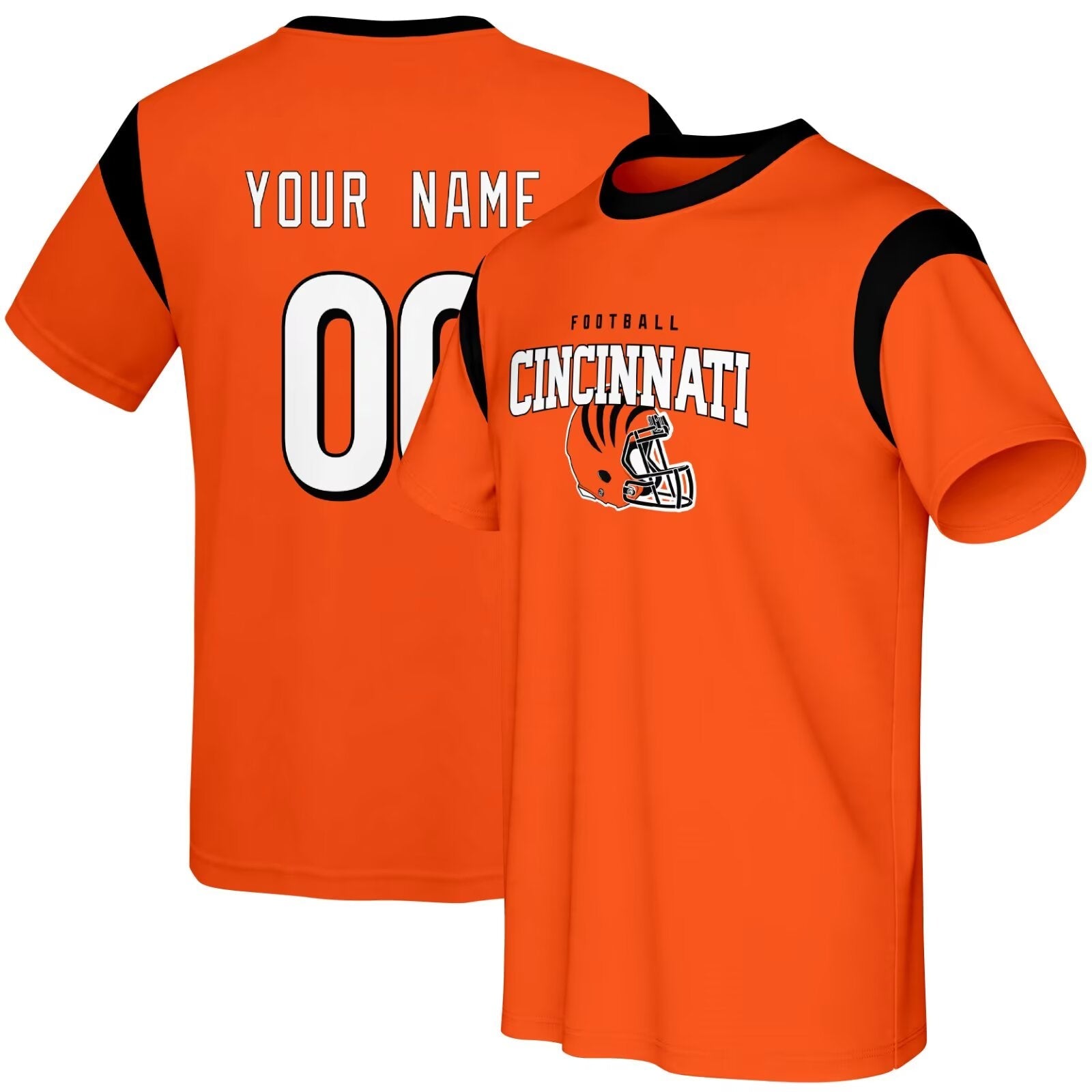 Cincinnati football style T-shirt front and back view with custom name and number design