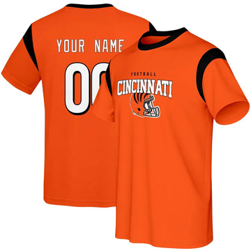 Cincinnati football style T-shirt front and back view with custom name and number design