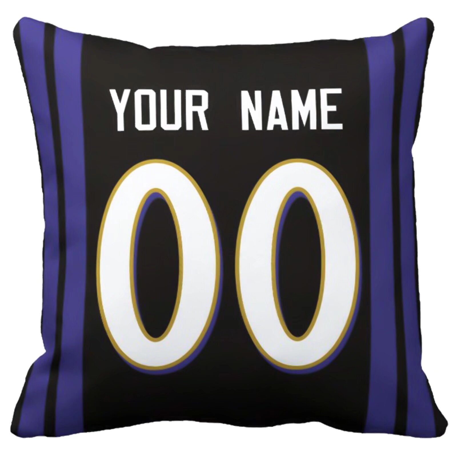 Baltimore custom football throw pillow front view with personalized name and number artwork