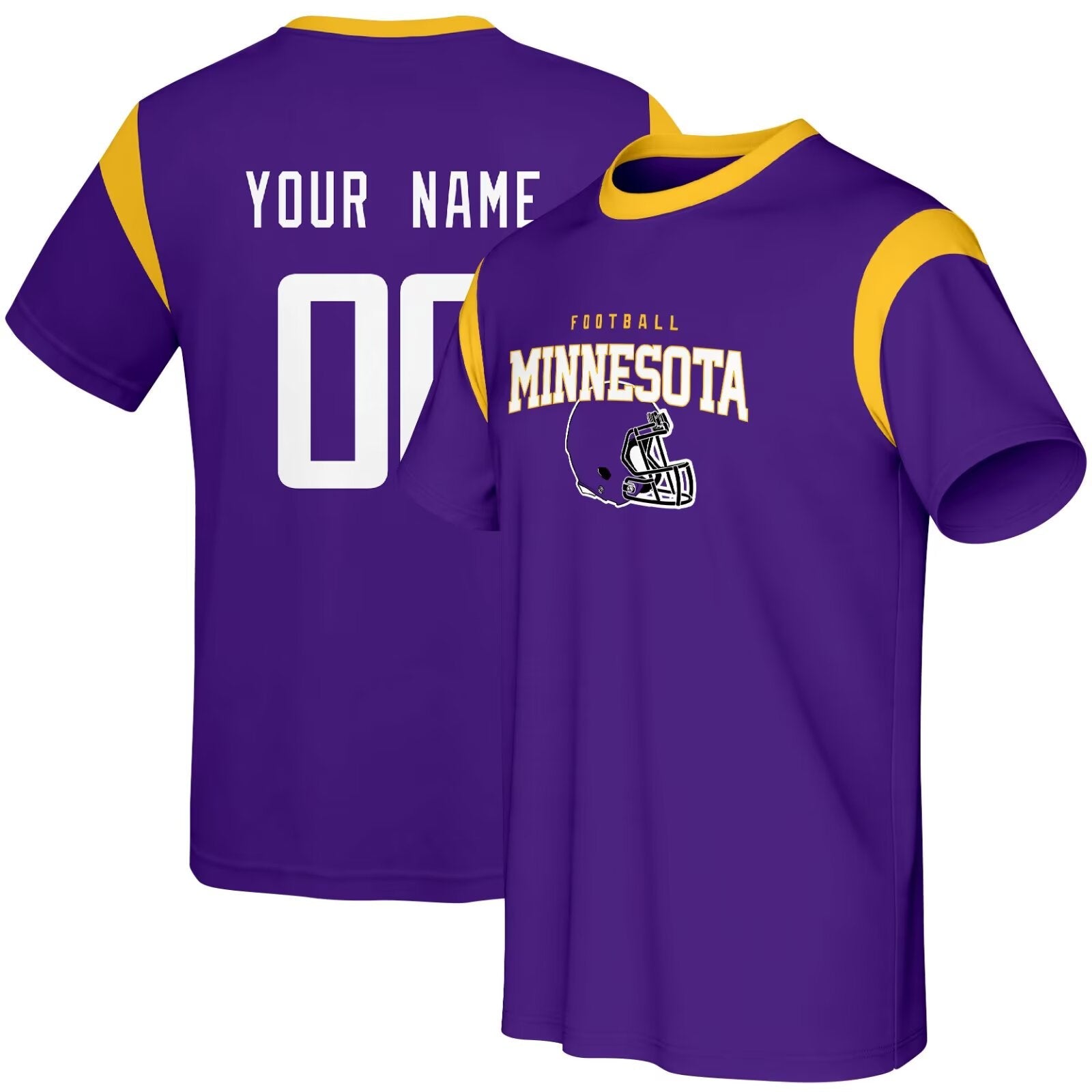 Minnesota football style T-shirt front and back view with custom name and number design