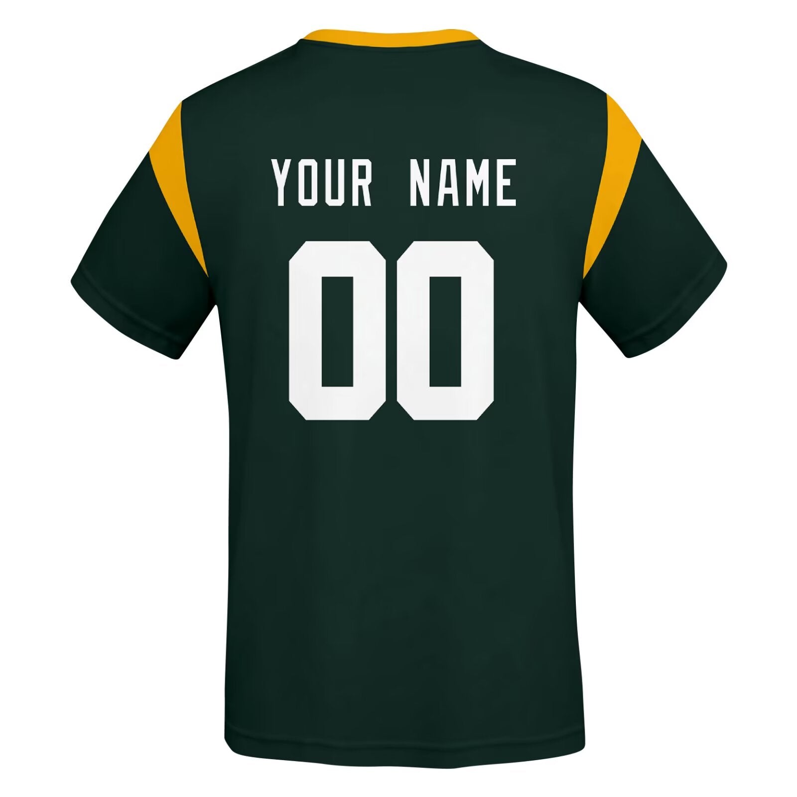 Green Bay football style T-shirt back view with personalized name and number print
