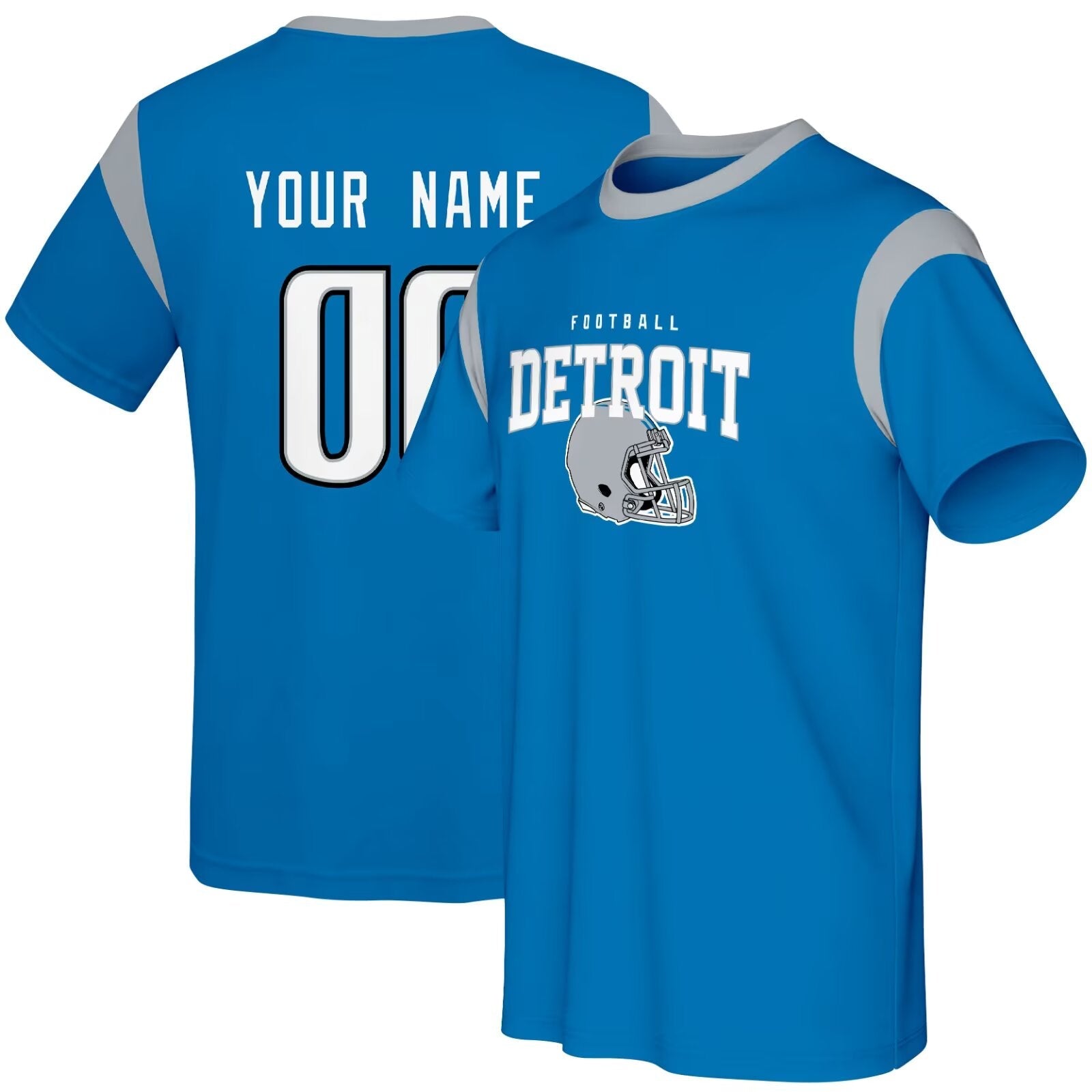 Detroit football style T-shirt front and back view with custom name and number design