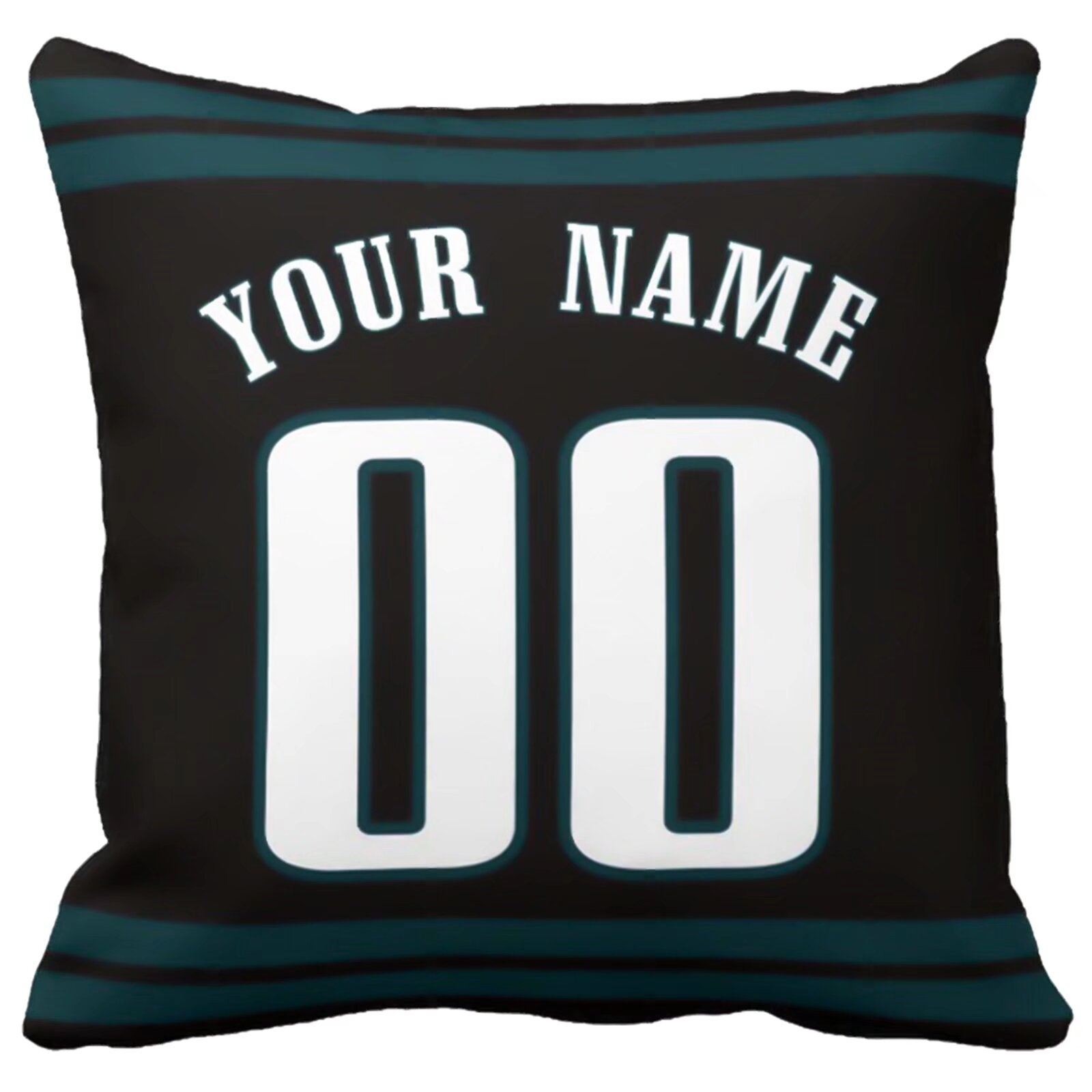 Philadelphia football-inspired throw pillow back view with custom name and large number