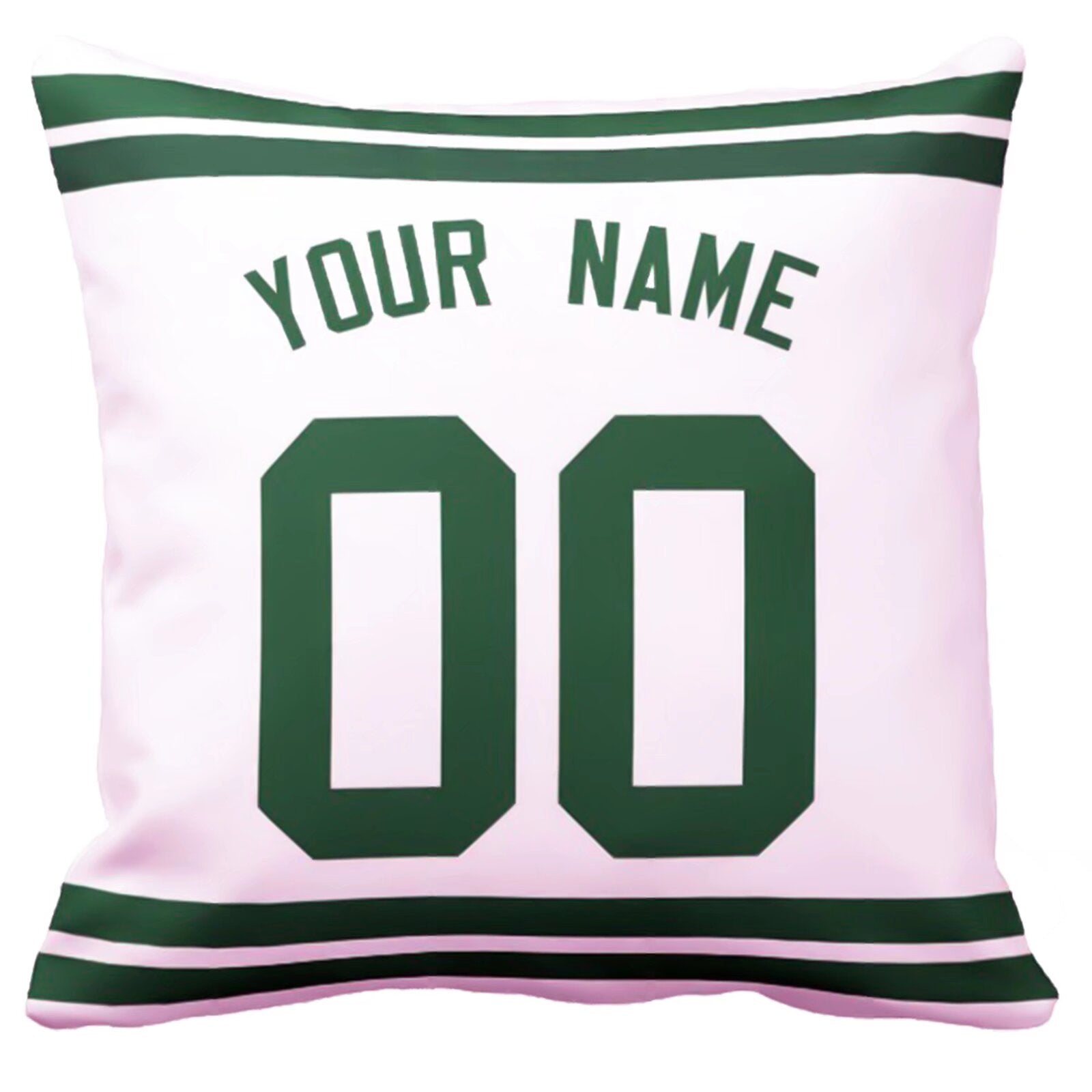 New York J football-inspired throw pillow back view with custom name and large number