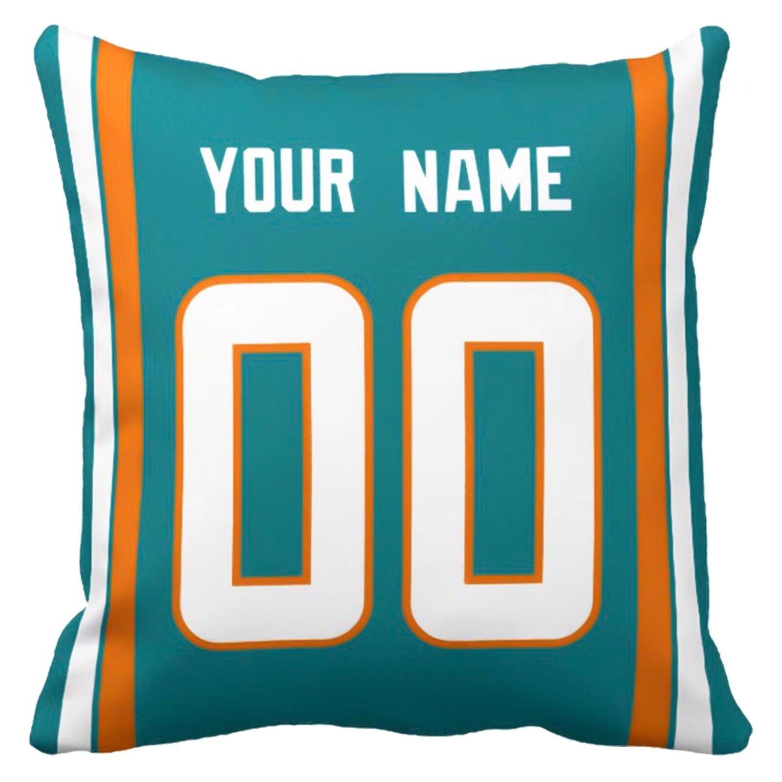 Miami custom football throw pillow front view with personalized name and number artwork