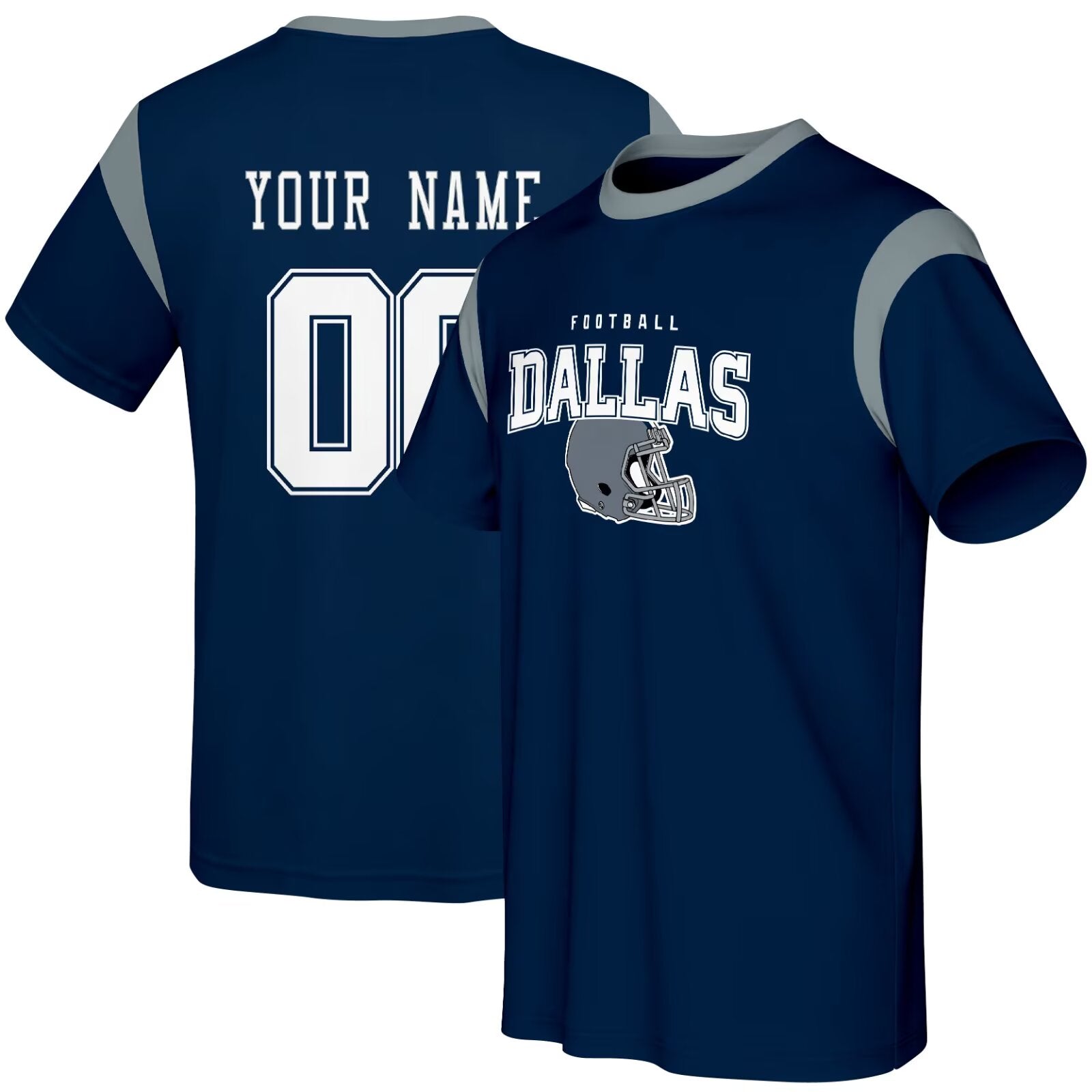 Dallas football style T-shirt front and back view with custom name and number design