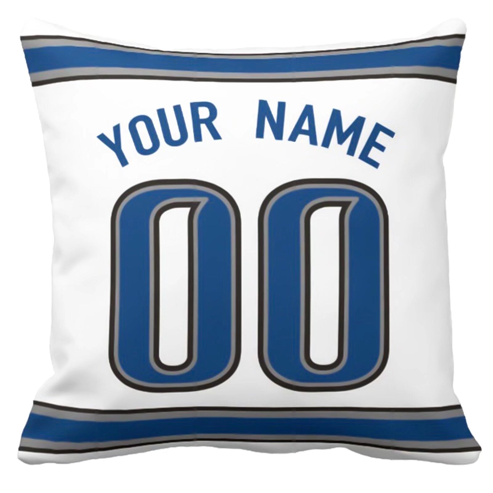 Detroit football-inspired throw pillow back view with custom name and large number
