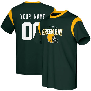 Green Bay football style T-shirt front and back view with custom name and number design