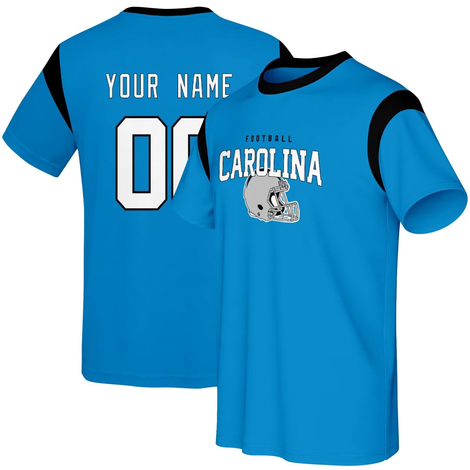 Carolina football style T-shirt front and back view with custom name and number design