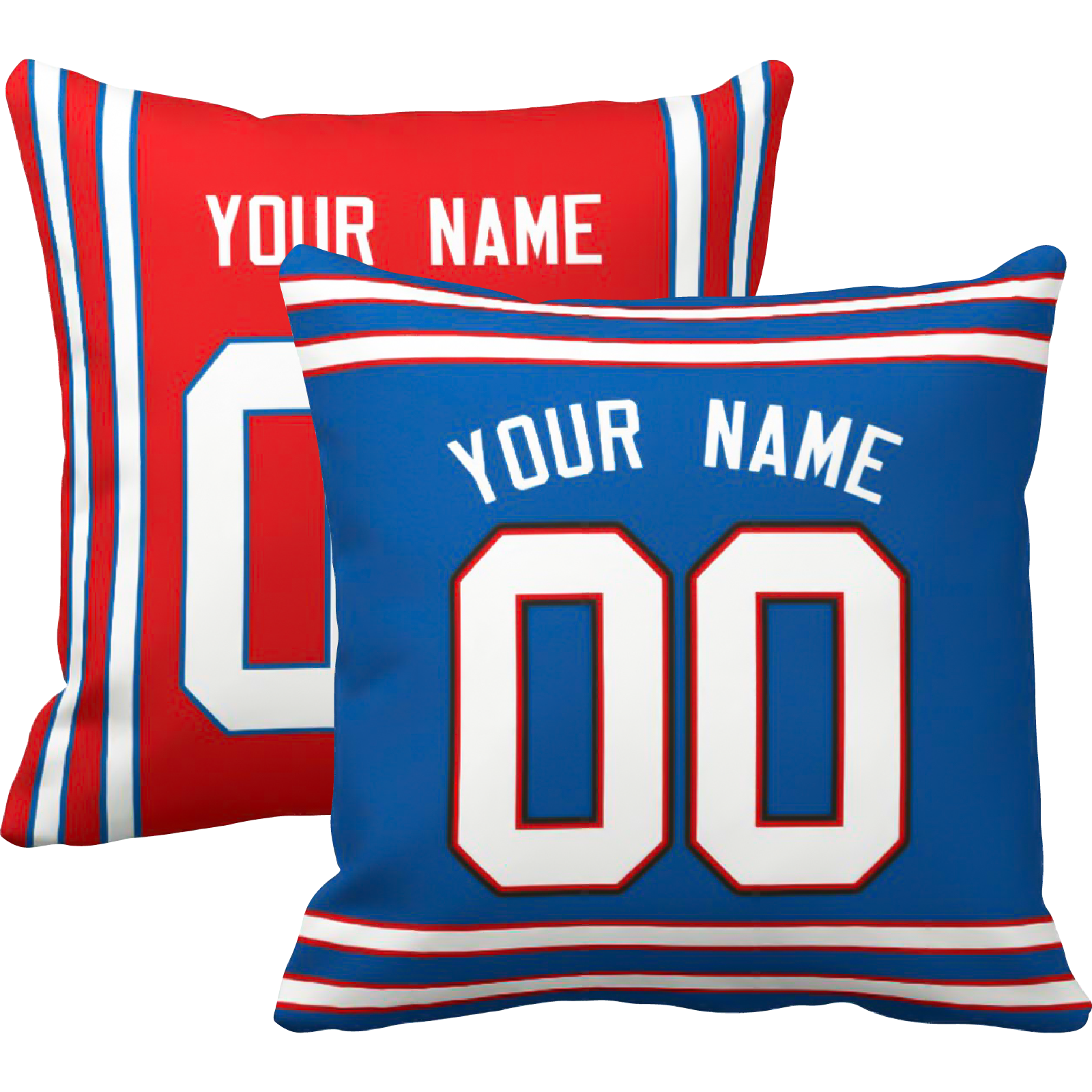 Buffalo personalized football throw pillow set with custom name and number in city-inspired colors